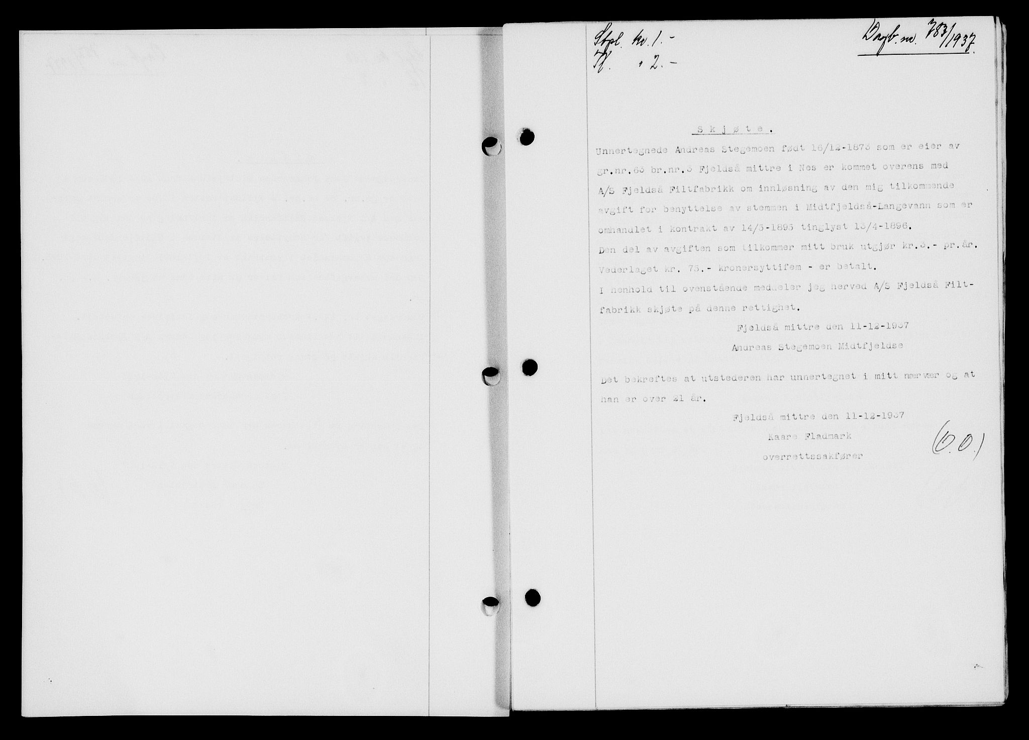 Flekkefjord sorenskriveri, AV/SAK-1221-0001/G/Gb/Gba/L0054: Mortgage book no. A-2, 1937-1938, Diary no: : 783/1937