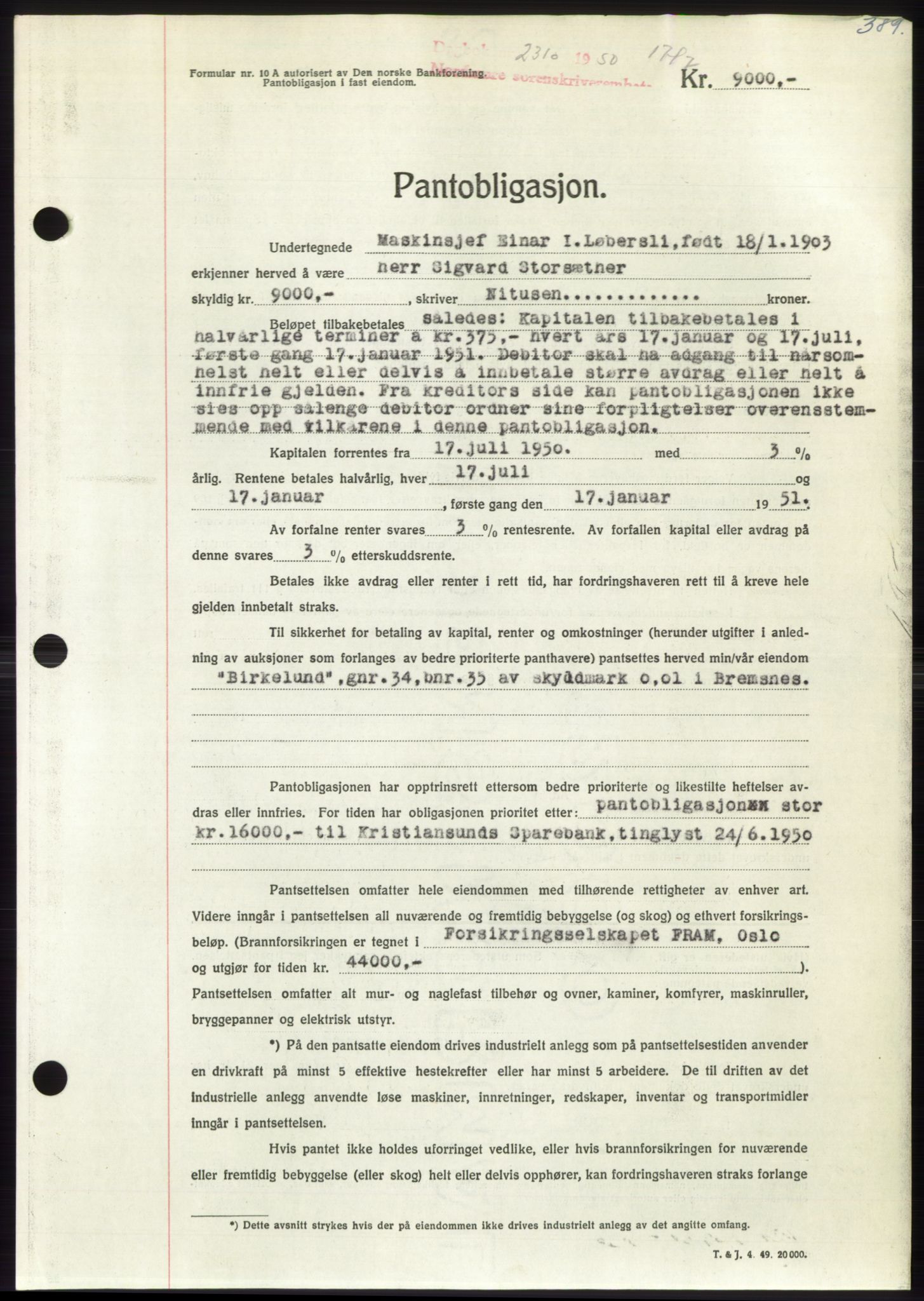 Nordmøre sorenskriveri, AV/SAT-A-4132/1/2/2Ca: Mortgage book no. B105, 1950-1950, Diary no: : 2310/1950