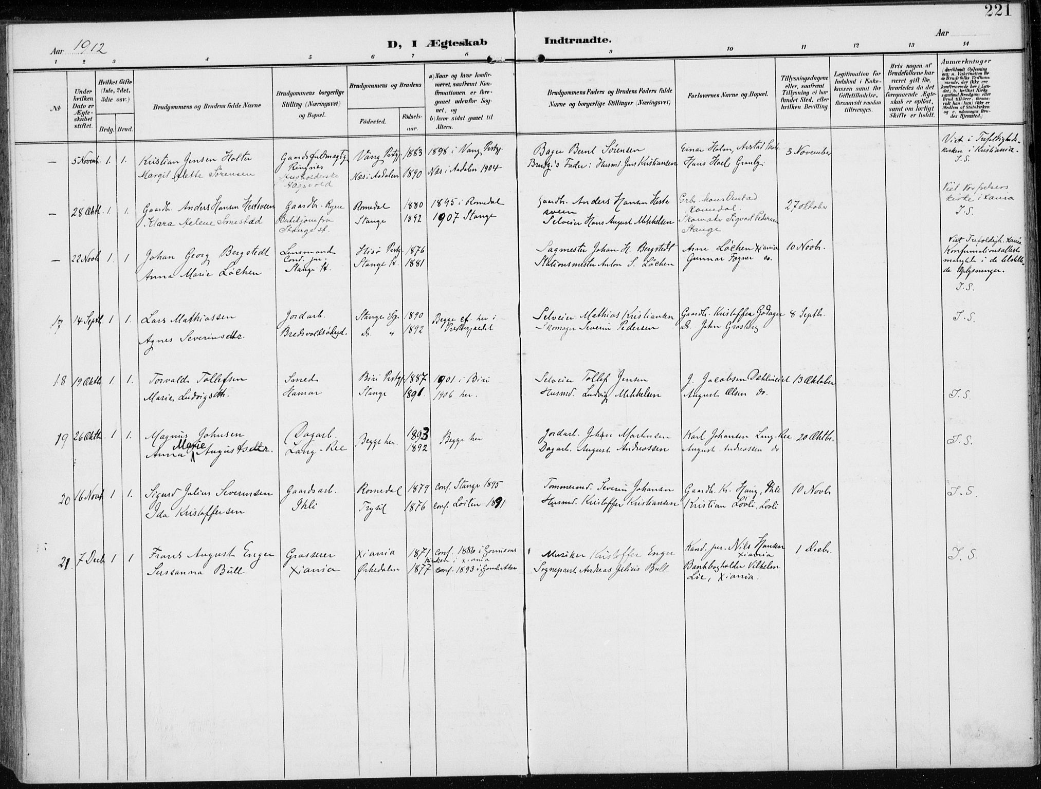 Stange prestekontor, AV/SAH-PREST-002/K/L0024: Parish register (official) no. 24, 1906-1922, p. 221