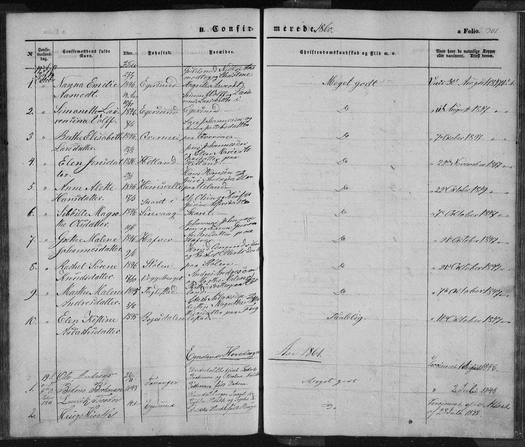 Eigersund sokneprestkontor, AV/SAST-A-101807/S08/L0012: Parish register (official) no. A 12.1, 1850-1865, p. 301