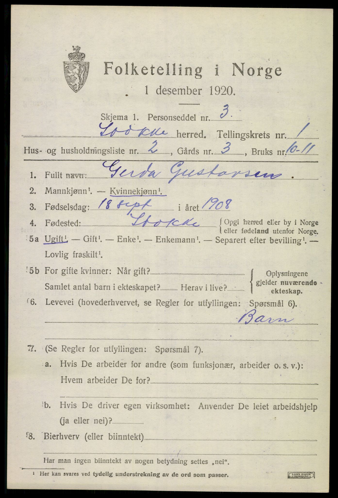 SAKO, 1920 census for Stokke, 1920, p. 2054