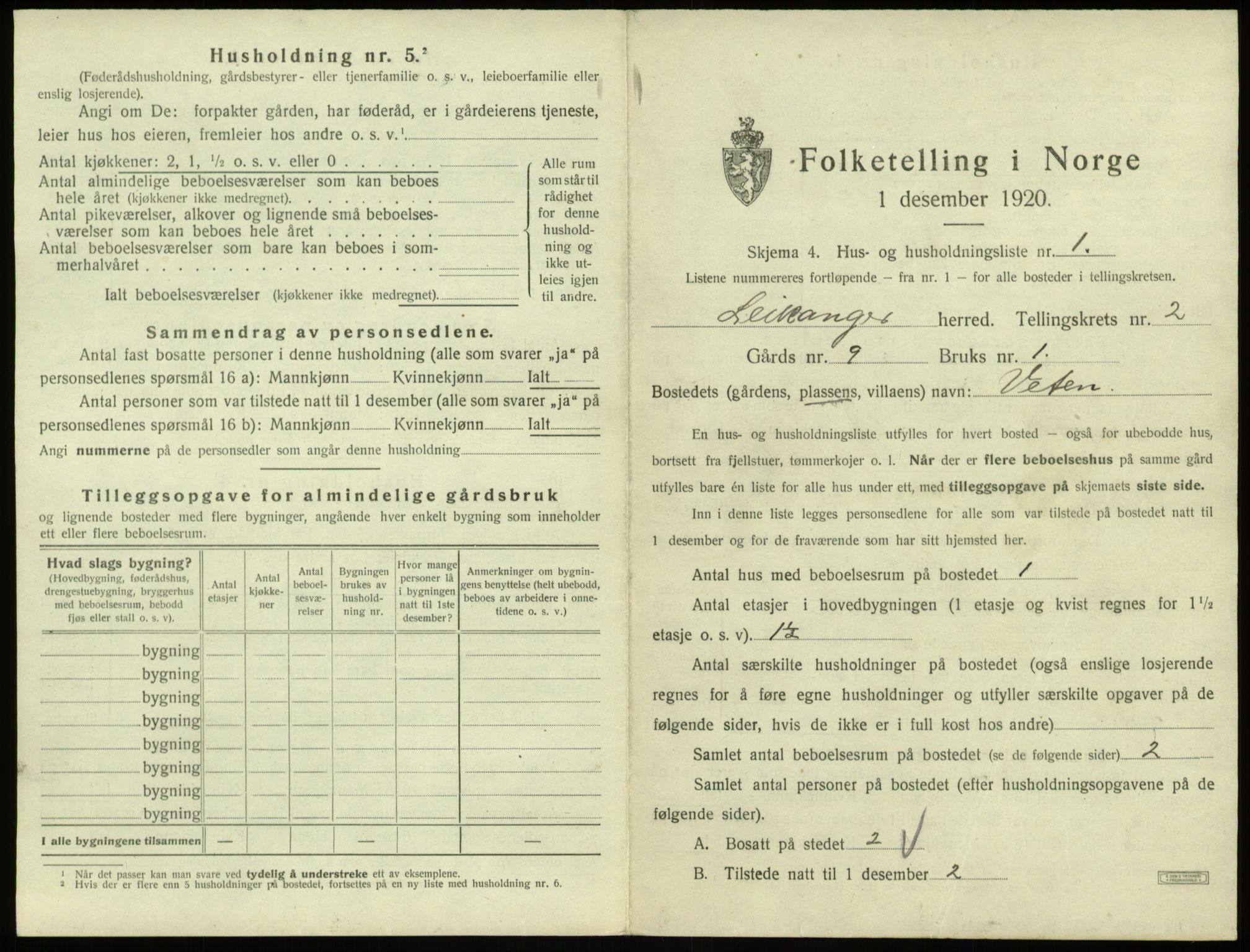 SAB, 1920 census for Leikanger, 1920, p. 121