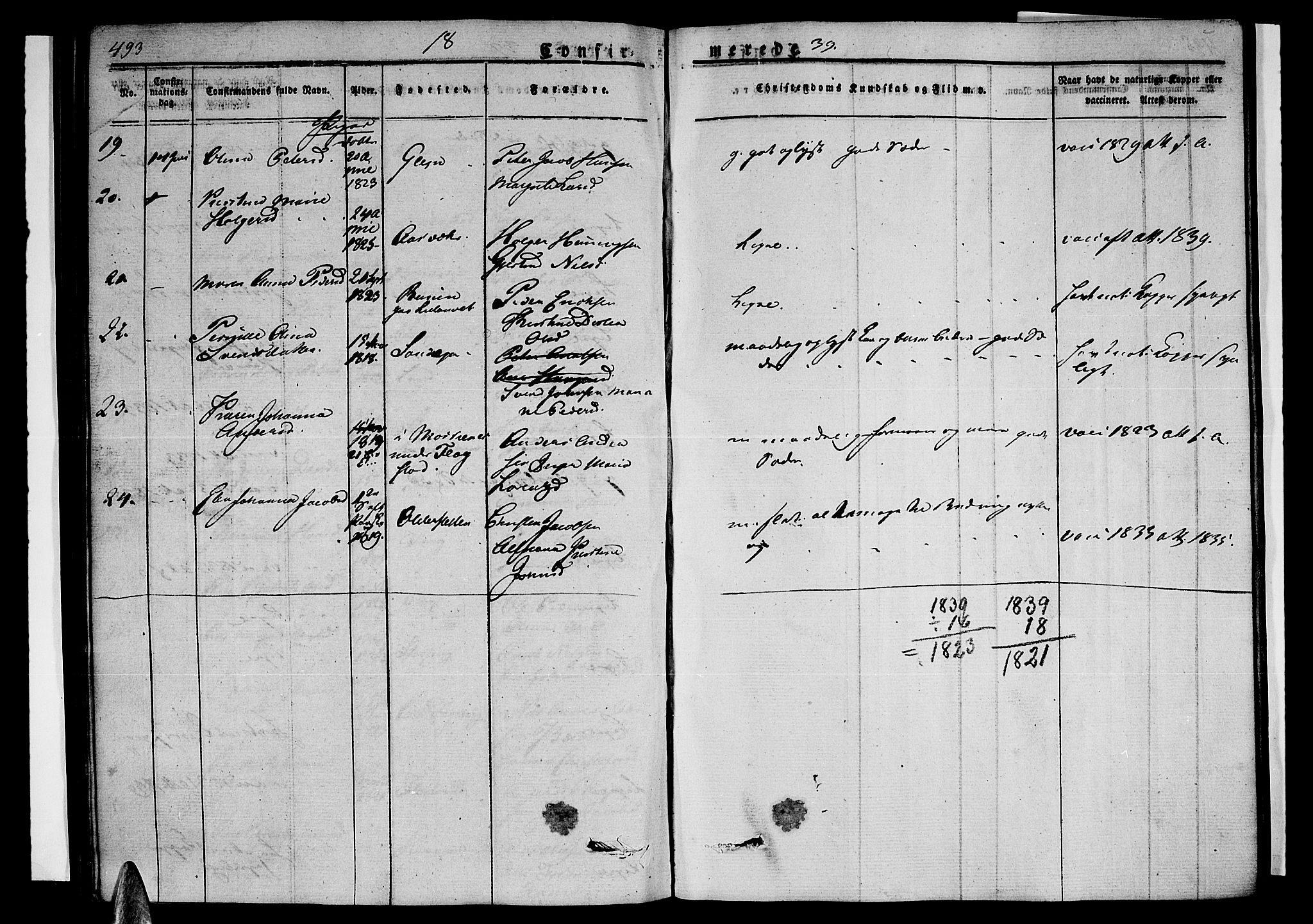 Ministerialprotokoller, klokkerbøker og fødselsregistre - Nordland, SAT/A-1459/838/L0548: Parish register (official) no. 838A06, 1829-1839, p. 493-494