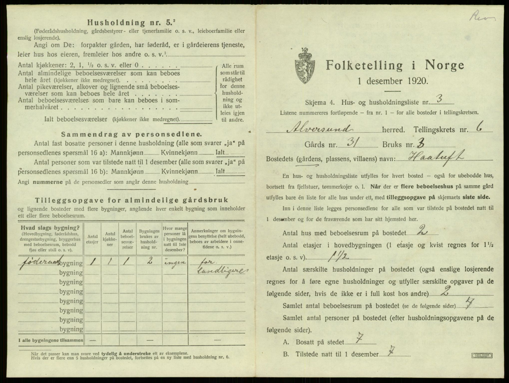 SAB, 1920 census for Alversund, 1920, p. 521