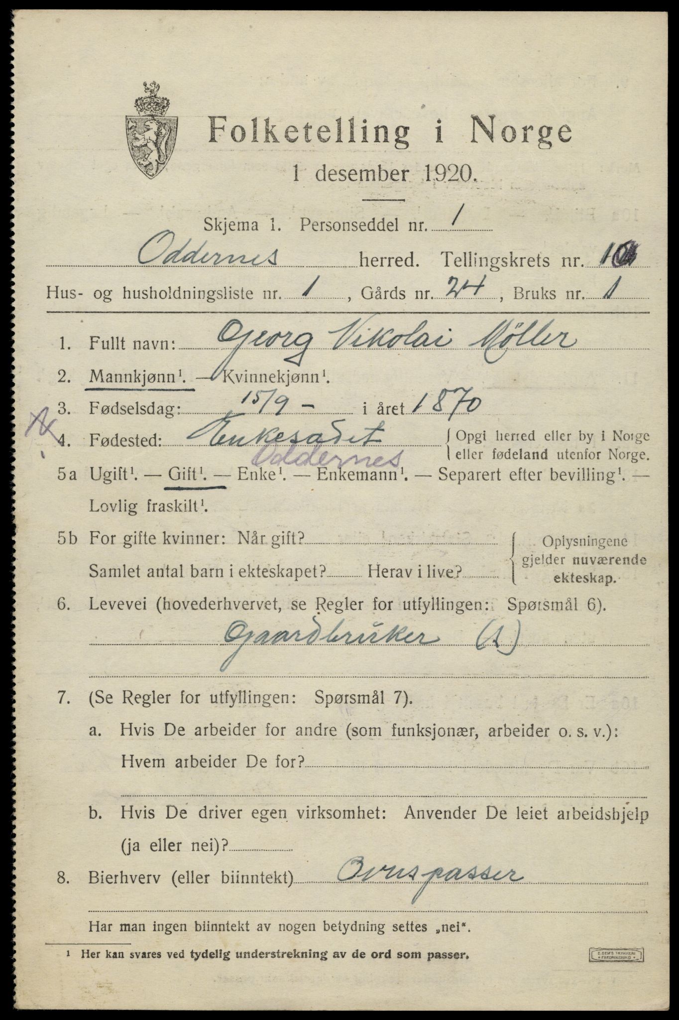 SAK, 1920 census for Oddernes, 1920, p. 6367