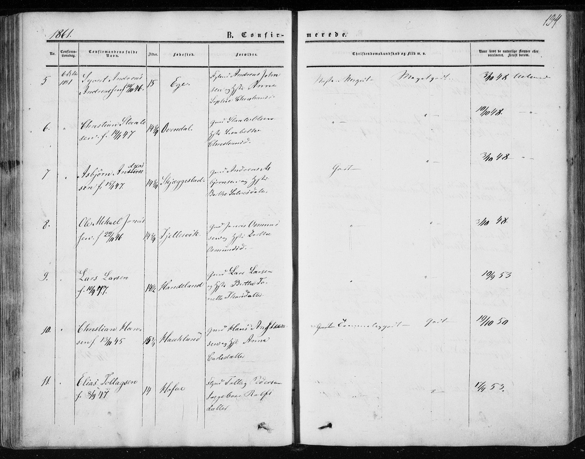 Lund sokneprestkontor, AV/SAST-A-101809/S06/L0009: Parish register (official) no. A 8, 1853-1877, p. 134