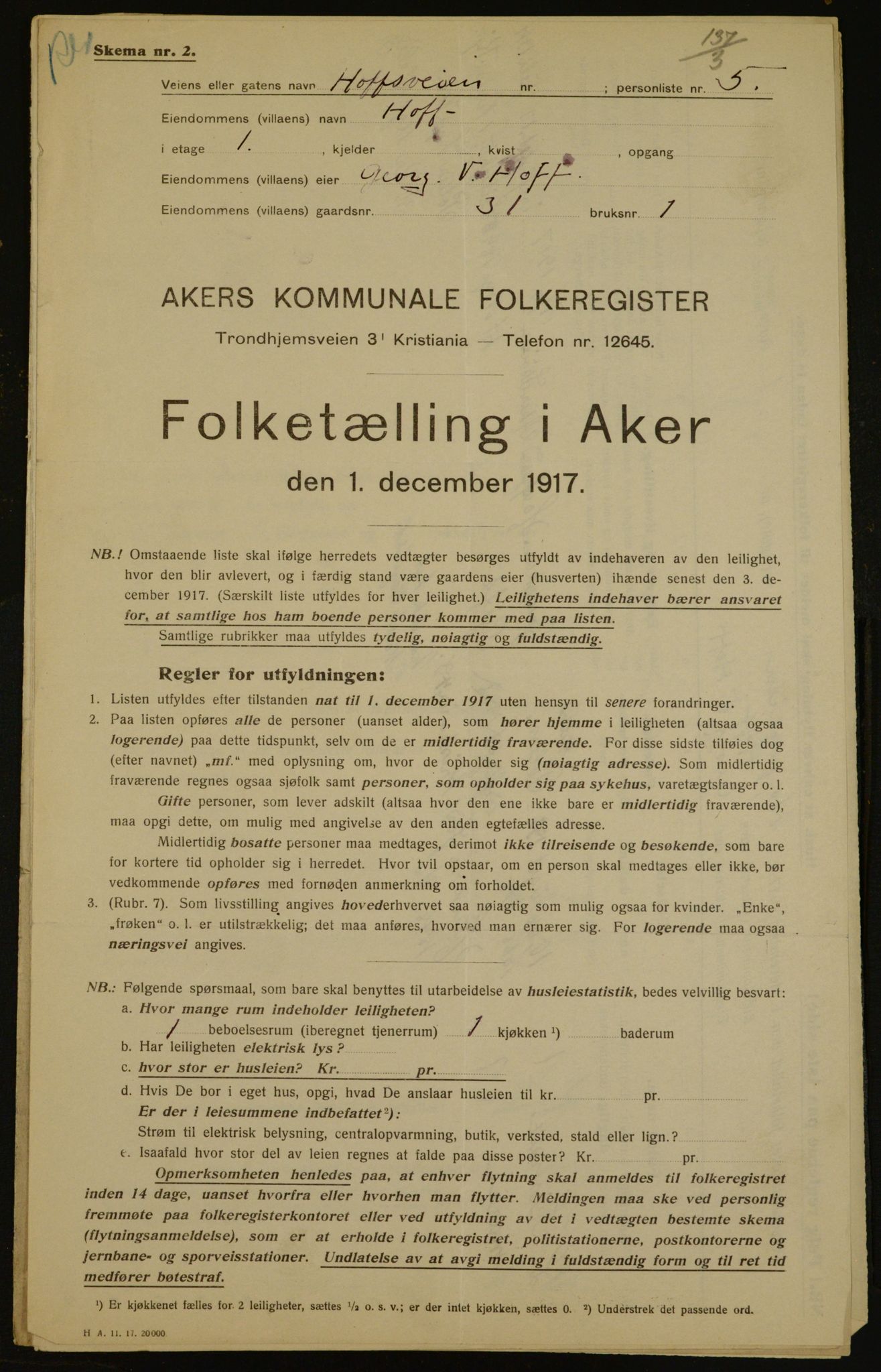 OBA, Municipal Census 1917 for Aker, 1917, p. 4244