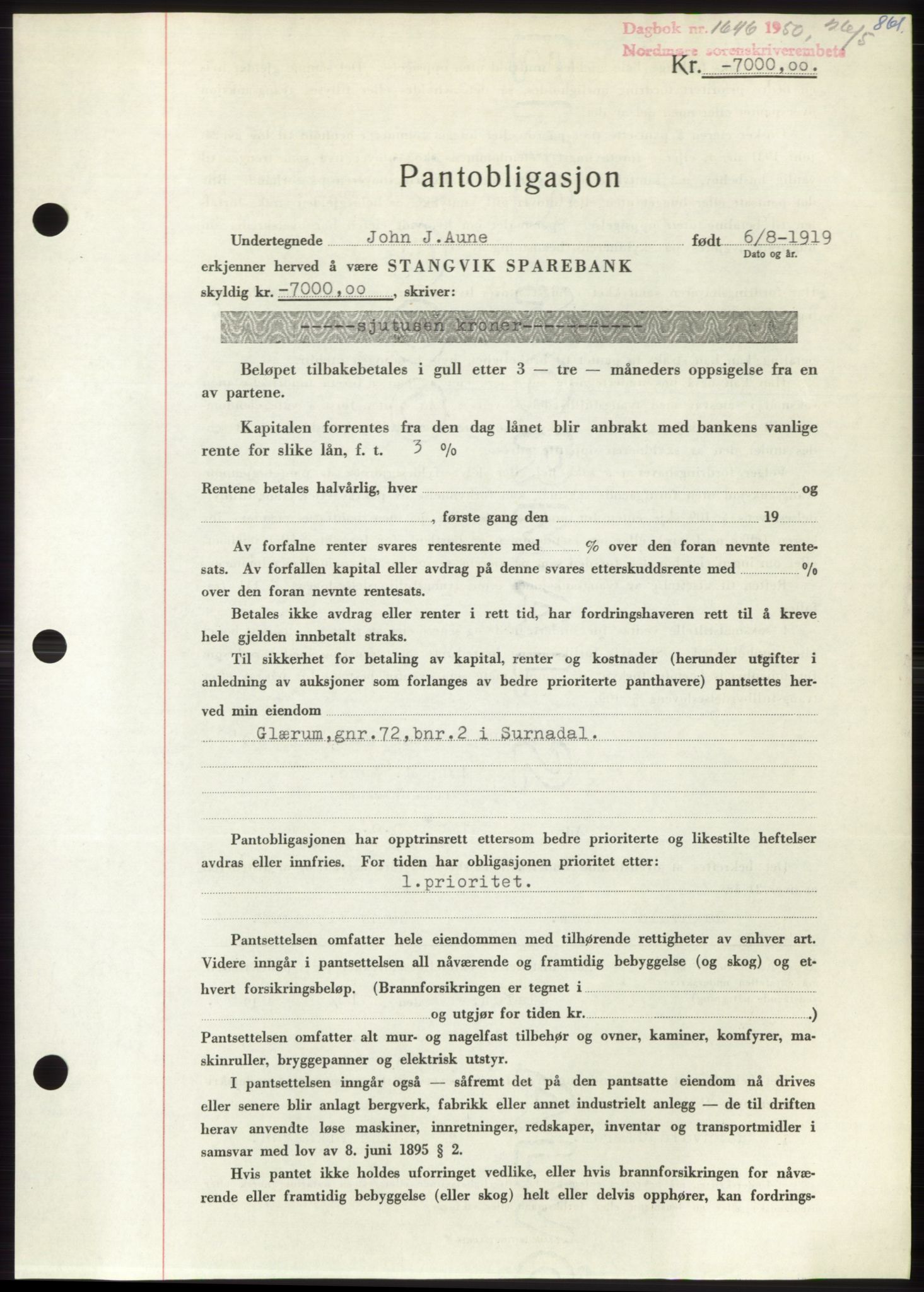 Nordmøre sorenskriveri, AV/SAT-A-4132/1/2/2Ca: Mortgage book no. B104, 1950-1950, Diary no: : 1646/1950