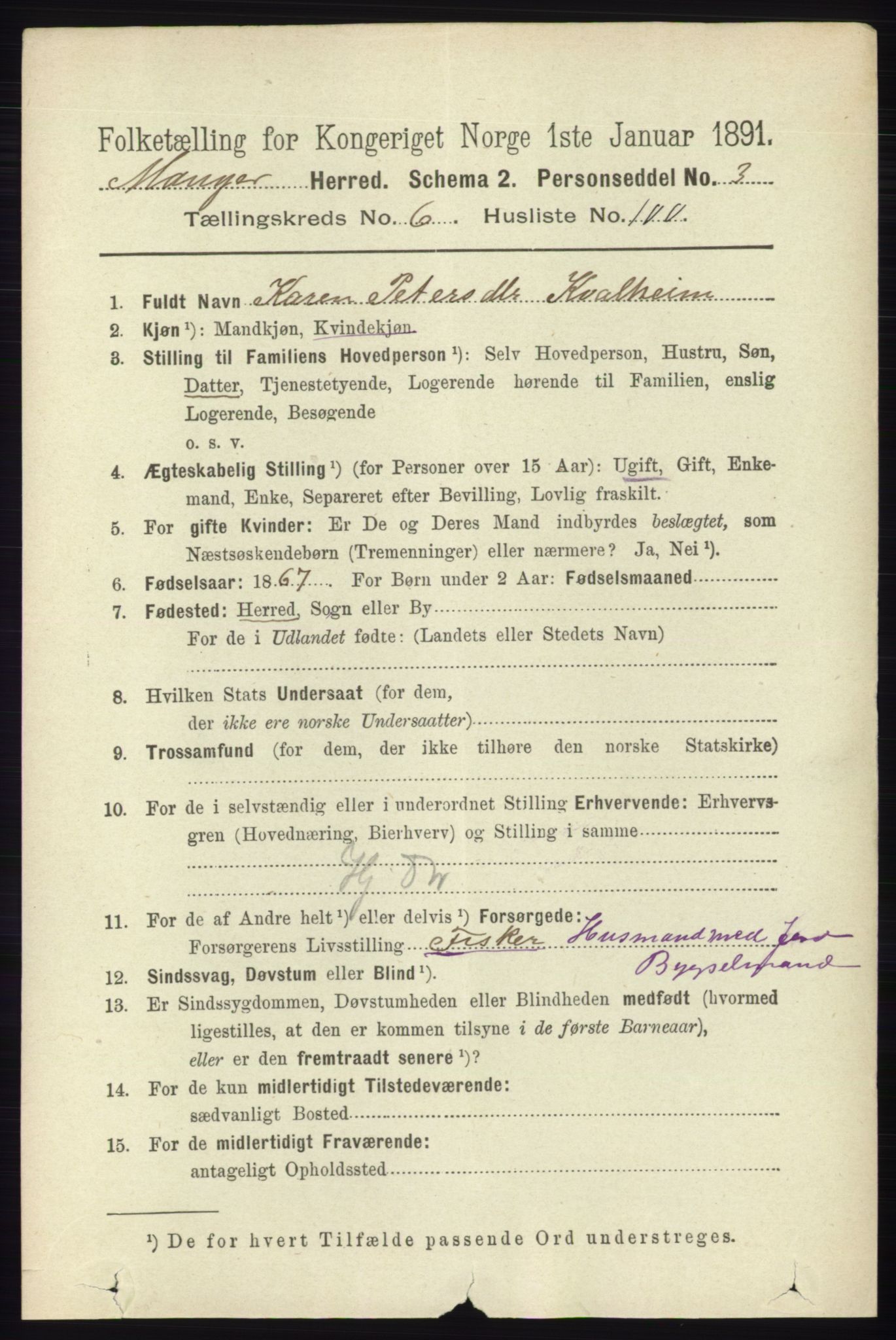 RA, 1891 census for 1261 Manger, 1891, p. 3942