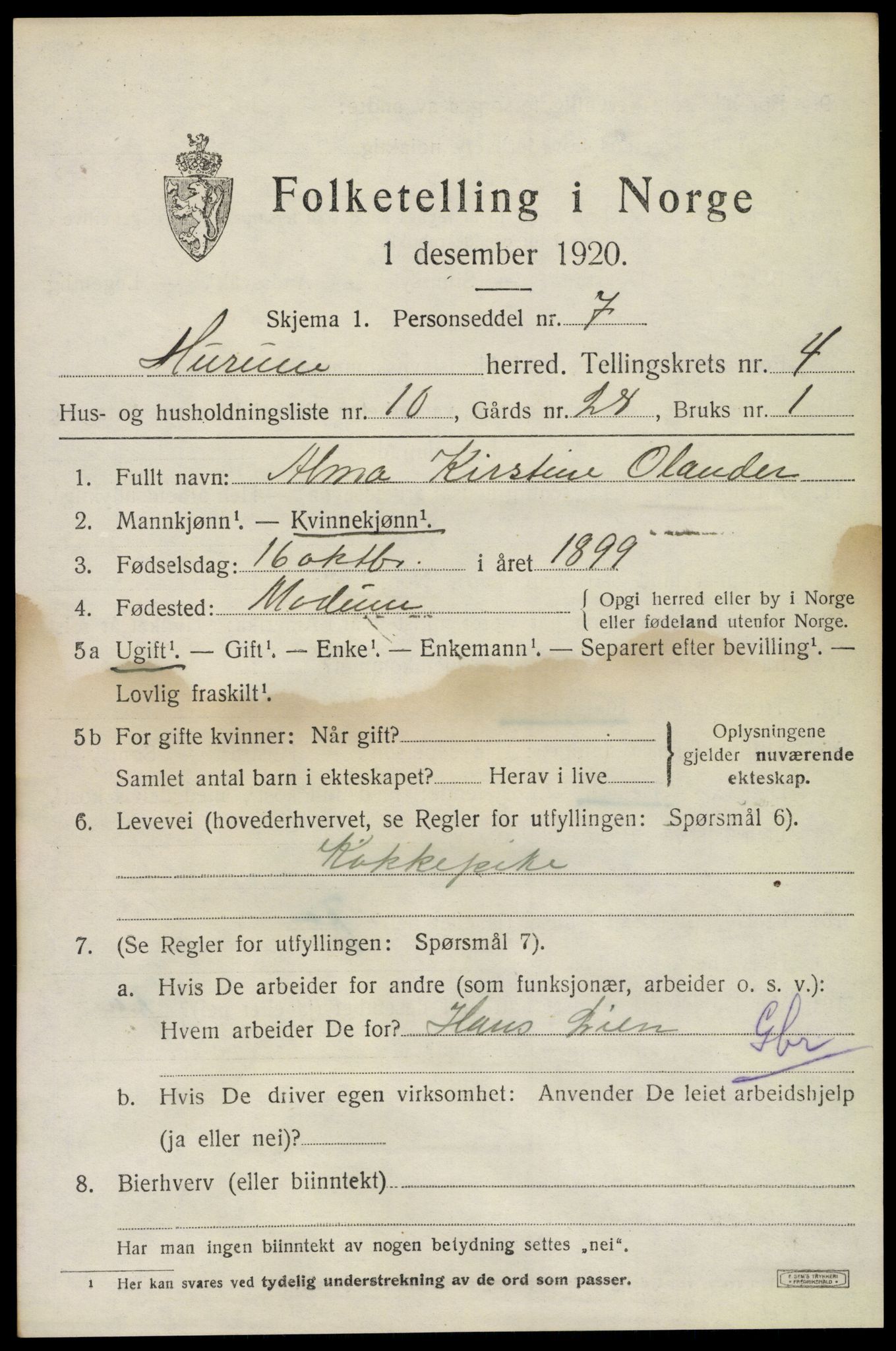 SAKO, 1920 census for Hurum, 1920, p. 5918