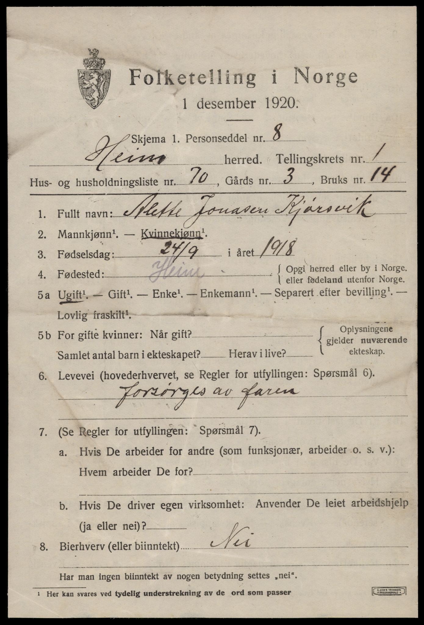 SAT, 1920 census for Heim, 1920, p. 1373