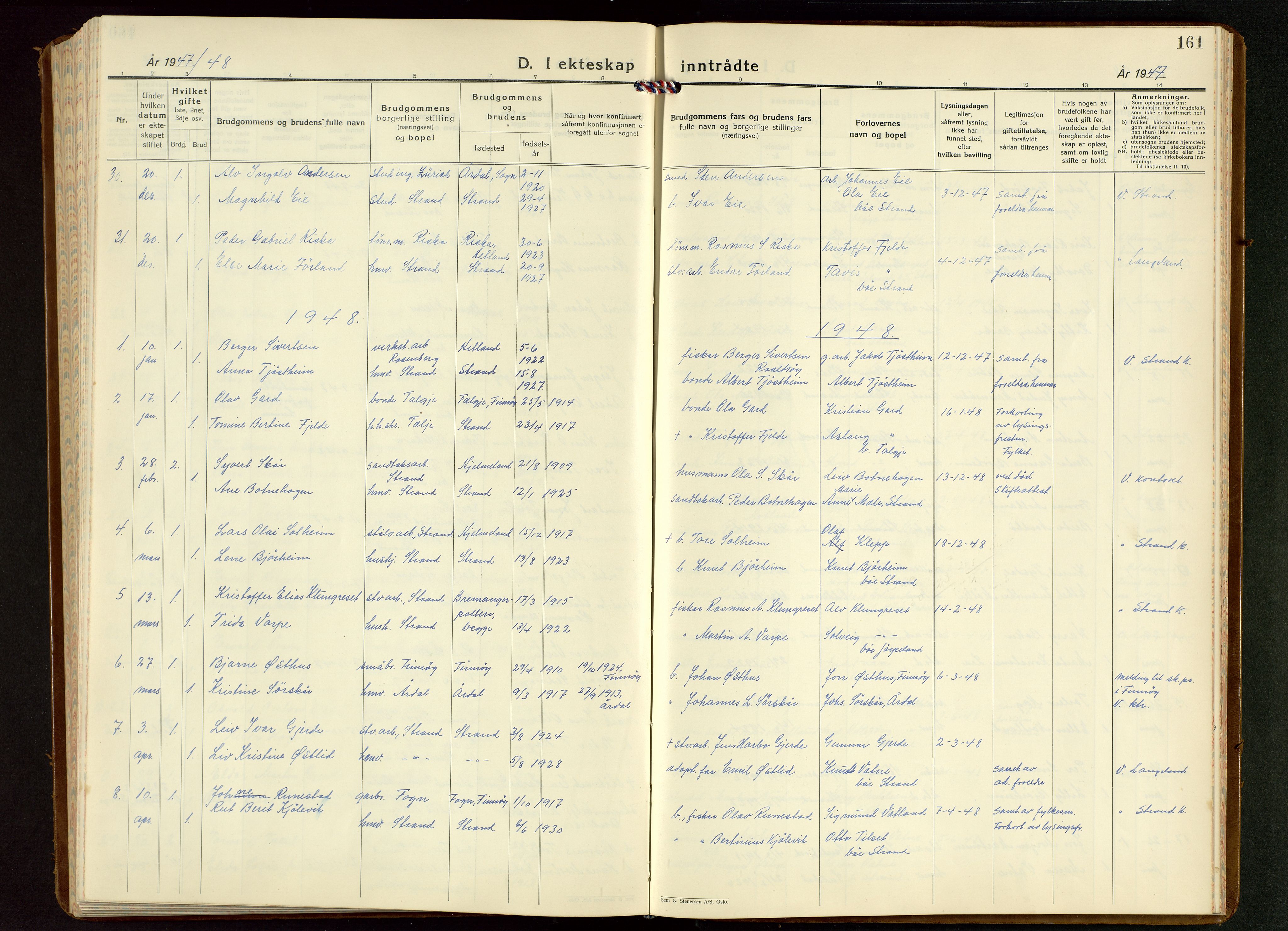 Strand sokneprestkontor, SAST/A-101828/H/Ha/Hab/L0006: Parish register (copy) no. B 6, 1933-1950, p. 161