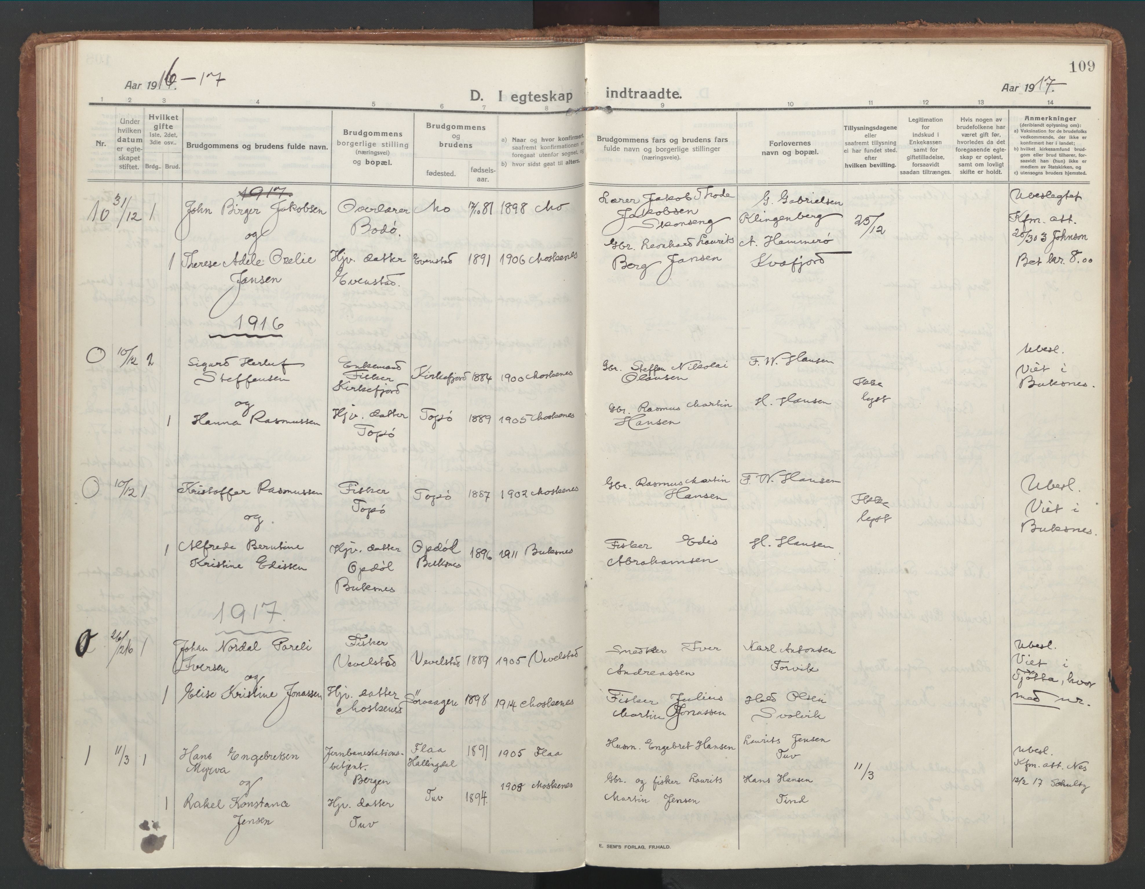 Ministerialprotokoller, klokkerbøker og fødselsregistre - Nordland, SAT/A-1459/886/L1222: Parish register (official) no. 886A04, 1914-1926, p. 109
