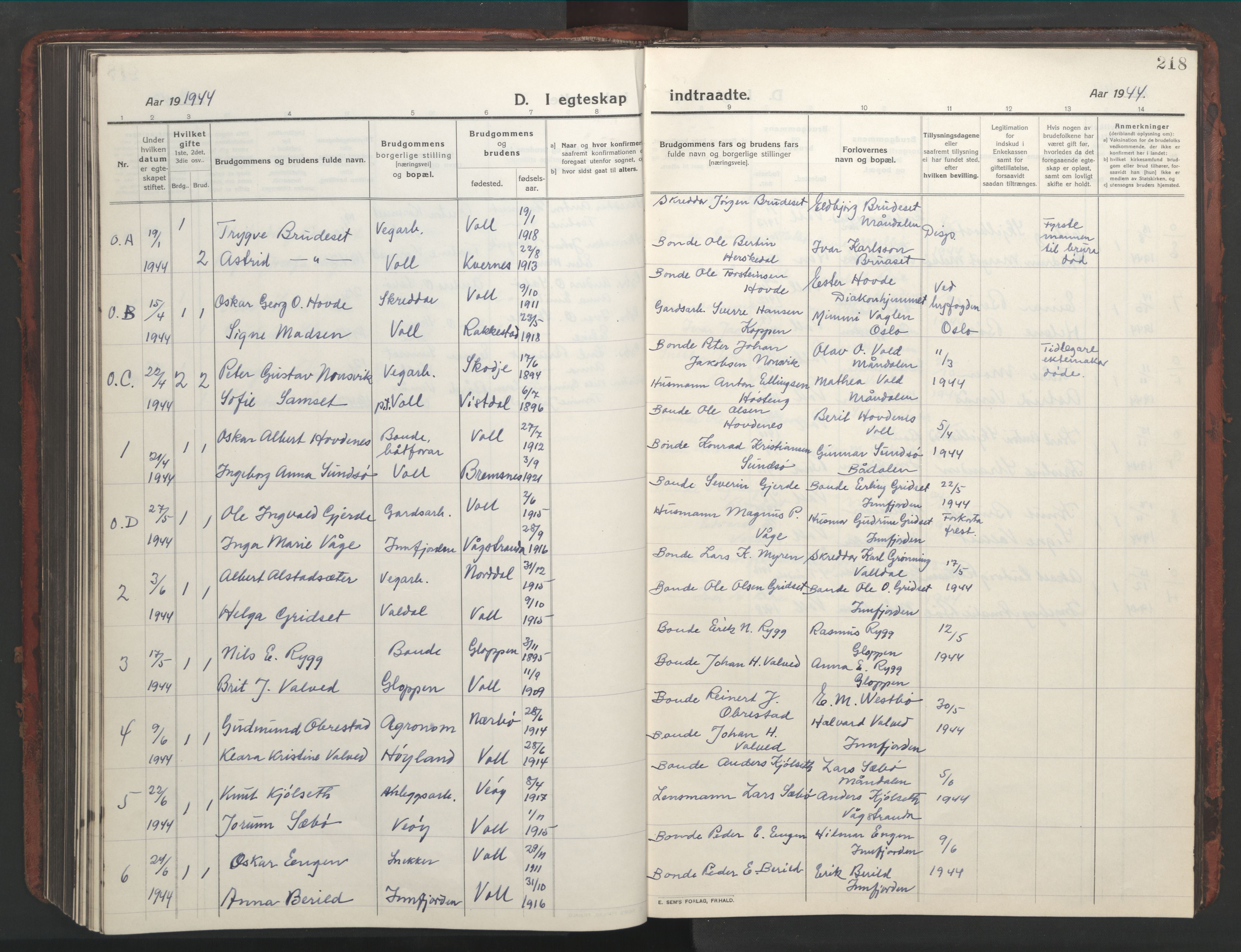 Ministerialprotokoller, klokkerbøker og fødselsregistre - Møre og Romsdal, SAT/A-1454/543/L0565: Parish register (copy) no. 543C03, 1916-1955, p. 218