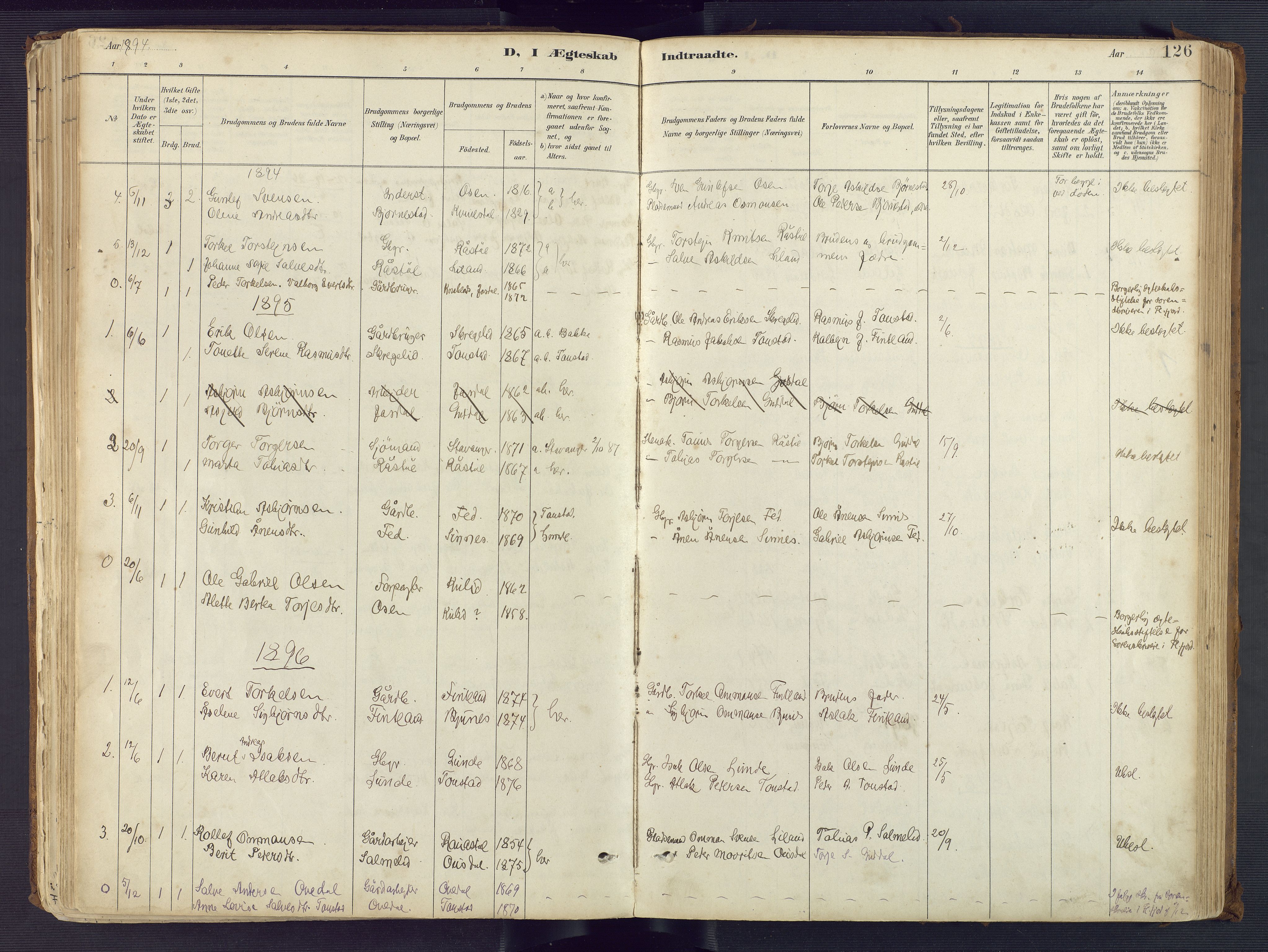 Sirdal sokneprestkontor, AV/SAK-1111-0036/F/Fa/Fab/L0004: Parish register (official) no. A 4, 1887-1919, p. 126