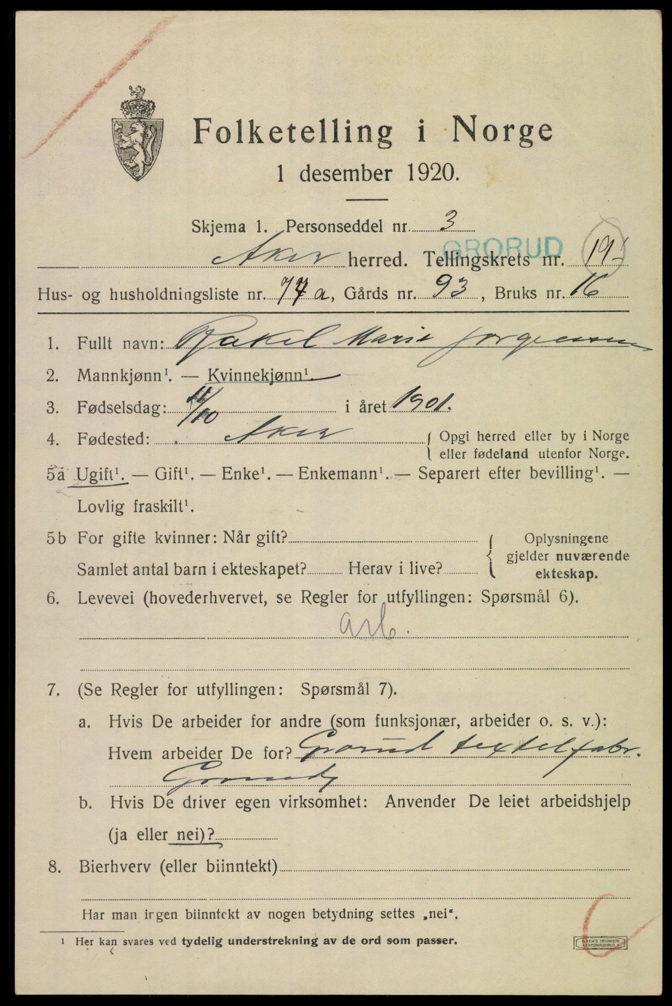 SAO, 1920 census for Aker, 1920, p. 121996