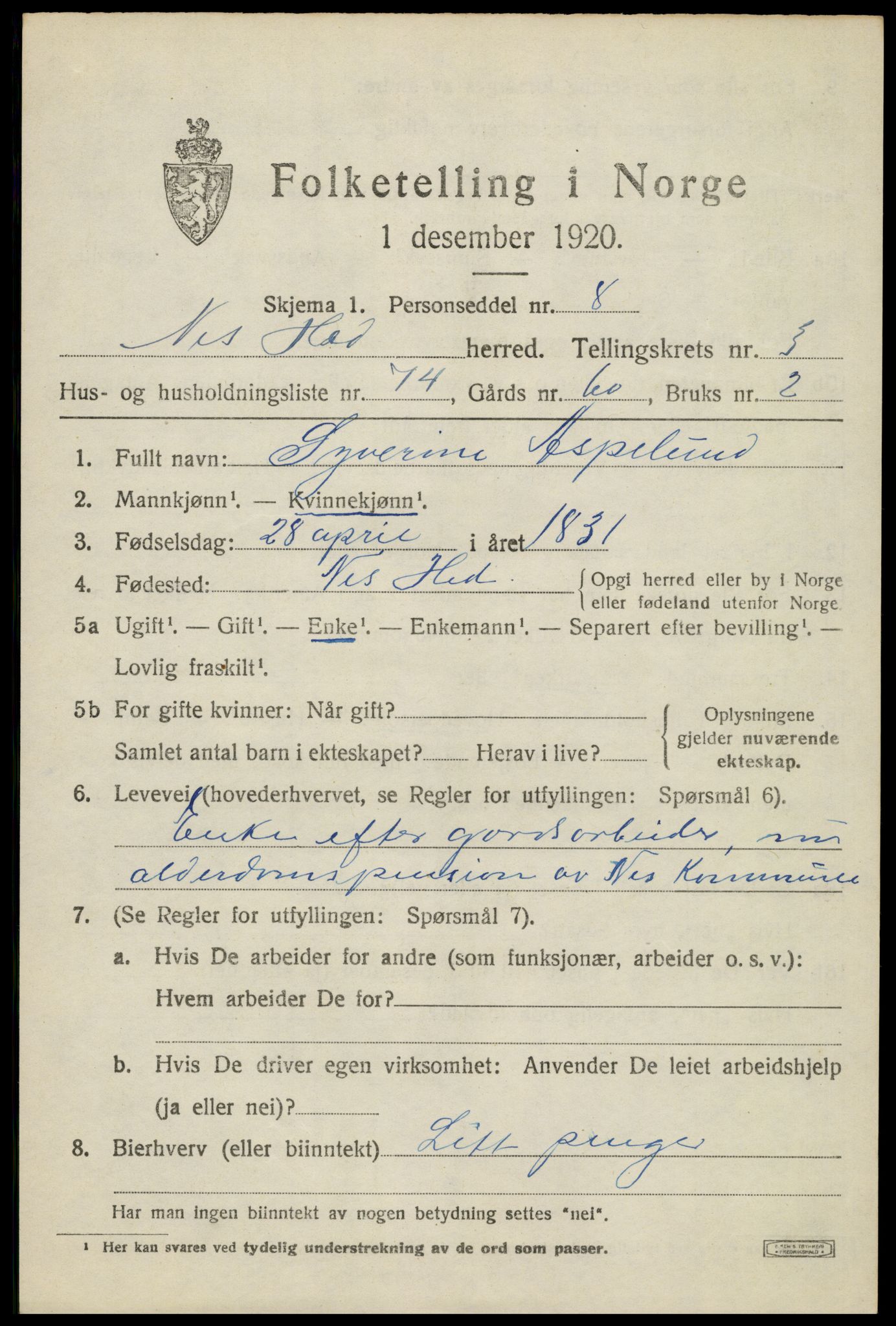 SAH, 1920 census for Nes (Hedmark), 1920, p. 5408