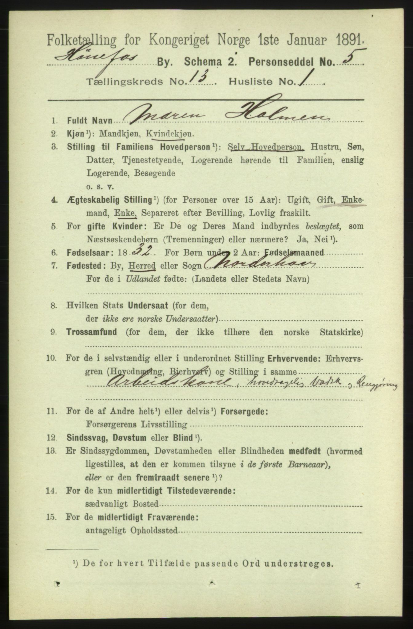 RA, 1891 census for 0601 Hønefoss, 1891, p. 1614