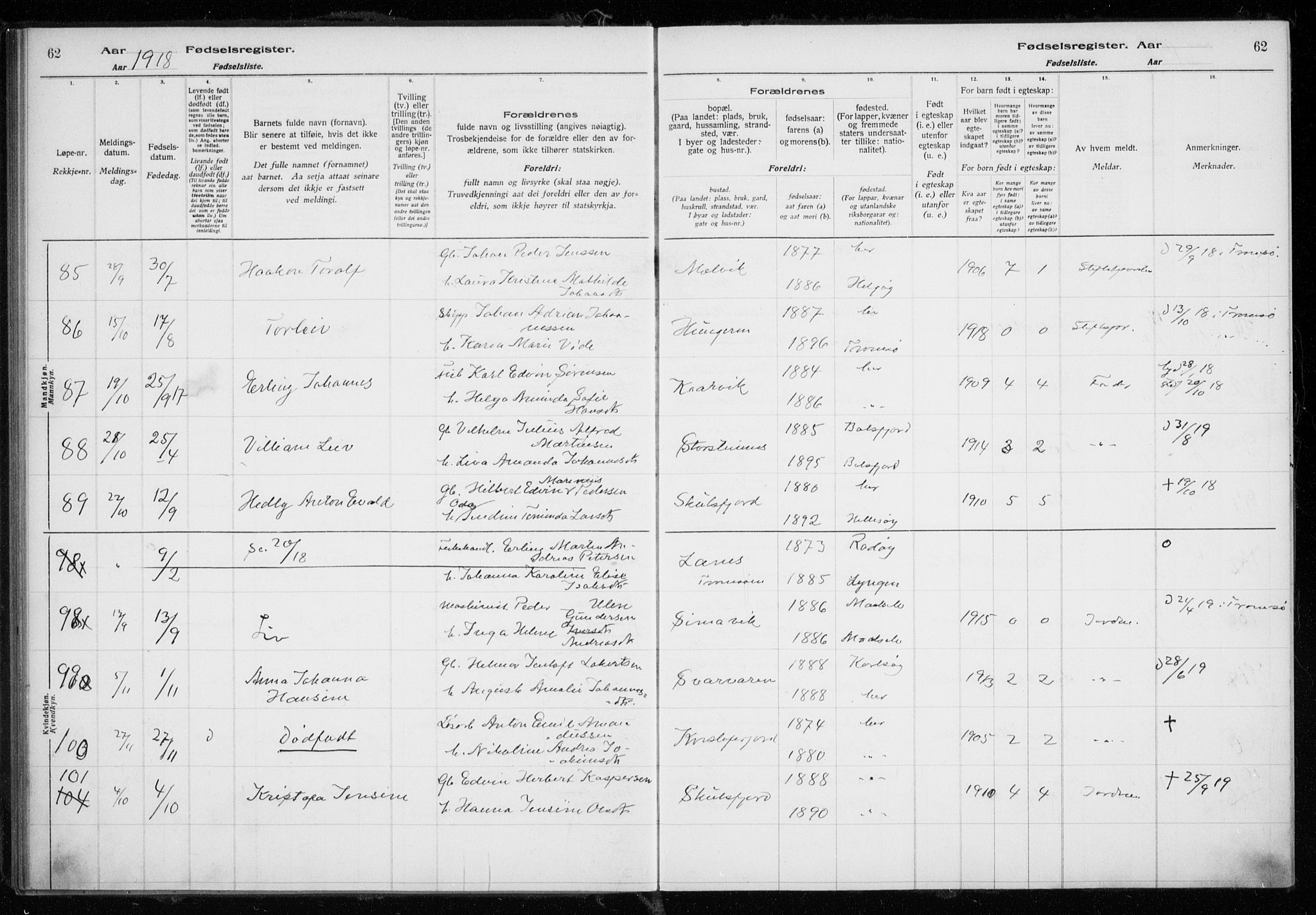 Tromsøysund sokneprestkontor, AV/SATØ-S-1304/H/Ha/L0079: Birth register no. 79, 1916-1924, p. 62
