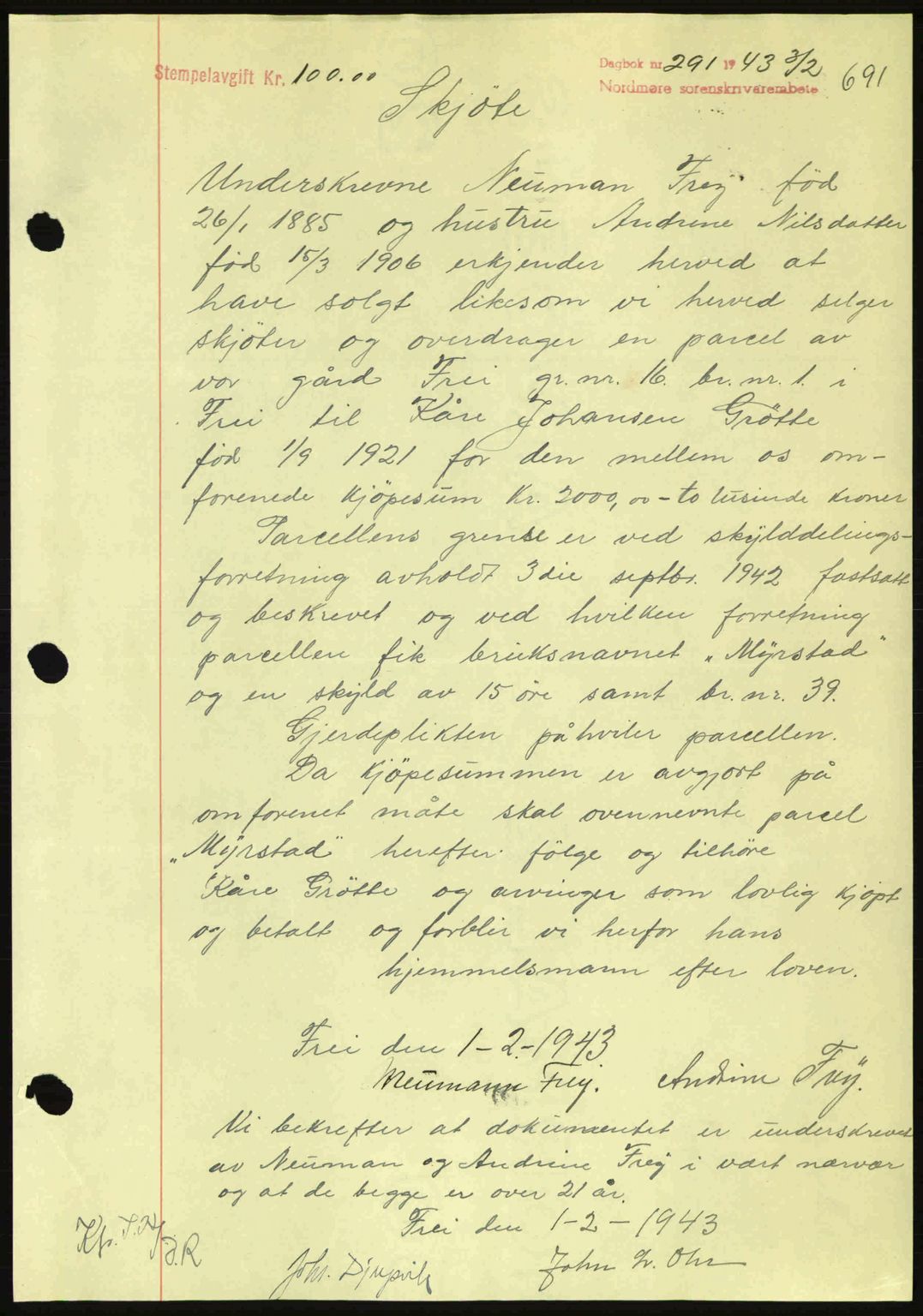 Nordmøre sorenskriveri, AV/SAT-A-4132/1/2/2Ca: Mortgage book no. A94, 1942-1943, Diary no: : 291/1943