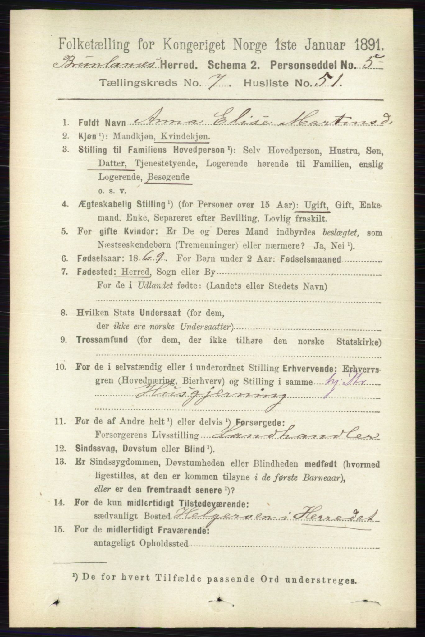RA, 1891 census for 0726 Brunlanes, 1891, p. 3289