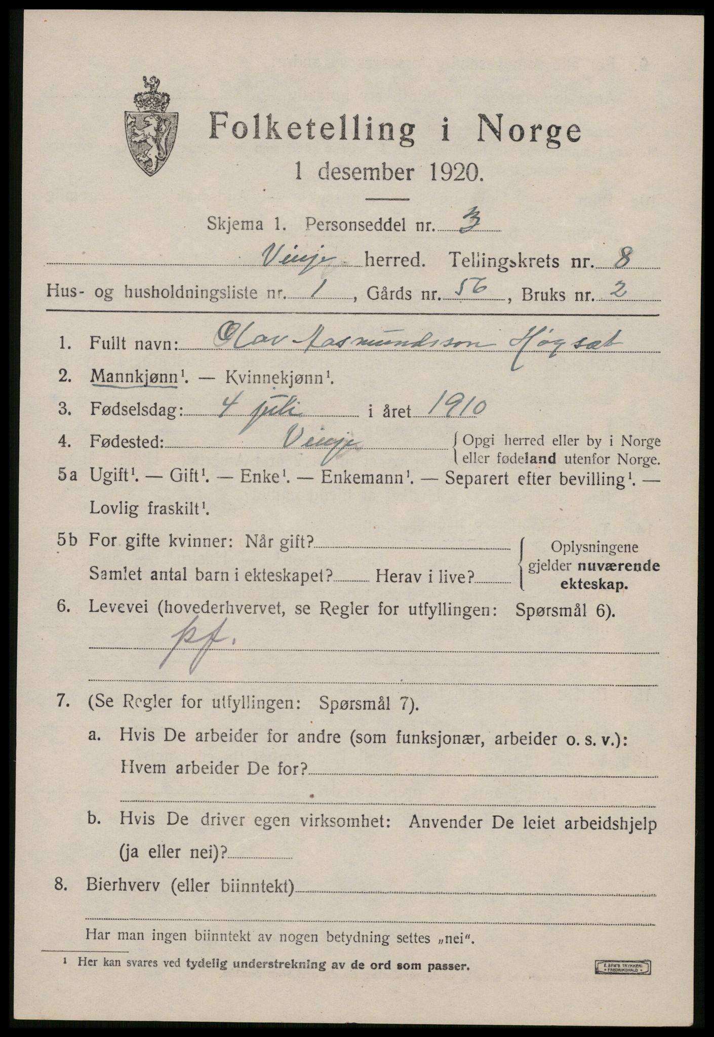 SAKO, 1920 census for Vinje, 1920, p. 2201