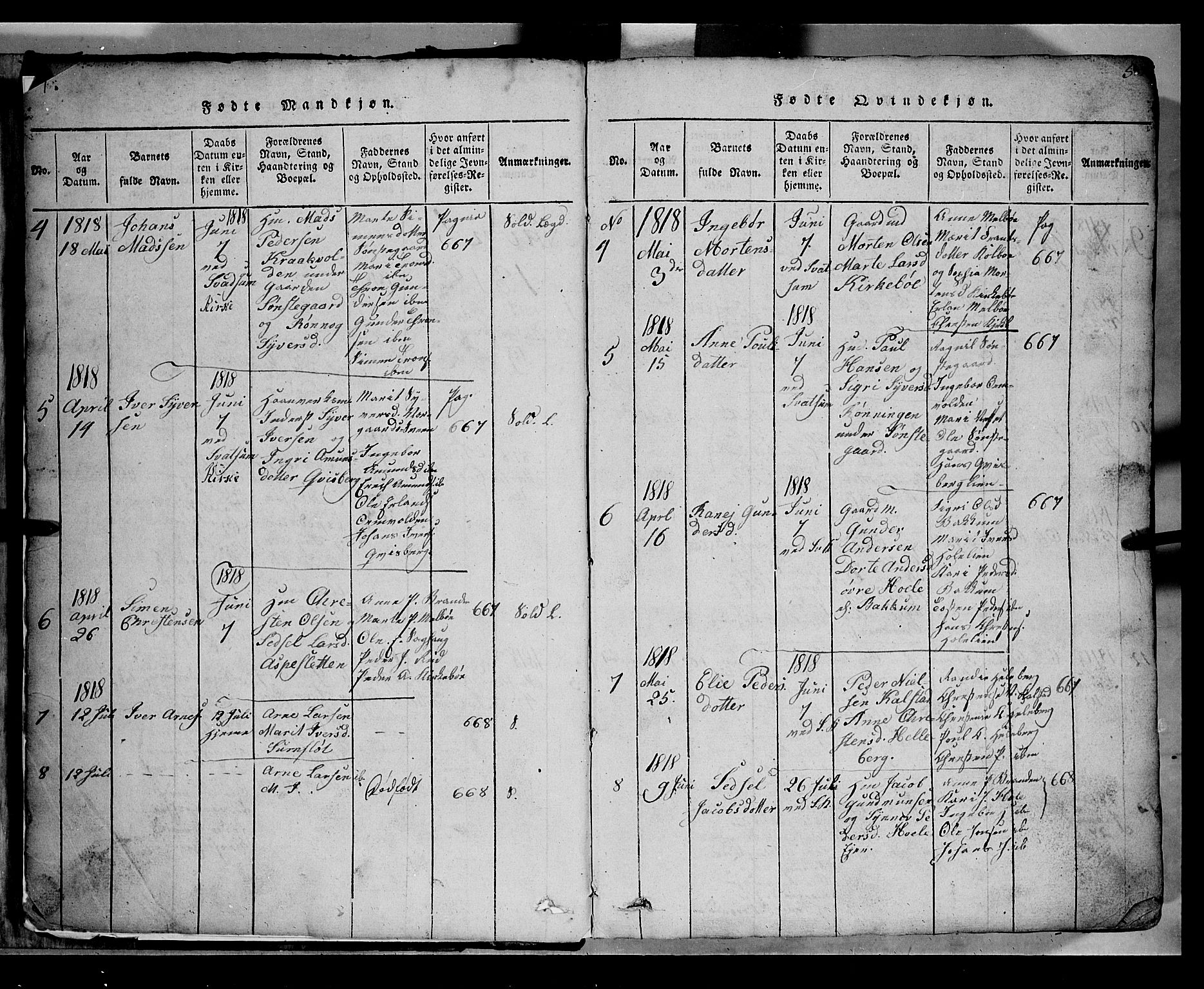 Gausdal prestekontor, SAH/PREST-090/H/Ha/Hab/L0002: Parish register (copy) no. 2, 1818-1874, p. 4-5