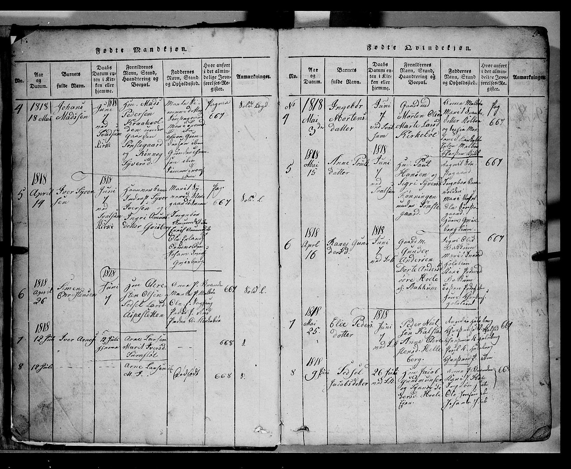 Gausdal prestekontor, AV/SAH-PREST-090/H/Ha/Hab/L0002: Parish register (copy) no. 2, 1818-1874, p. 4-5