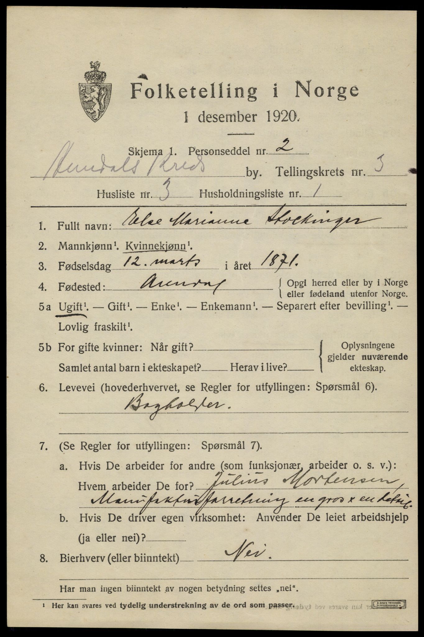 SAK, 1920 census for Arendal, 1920, p. 10800