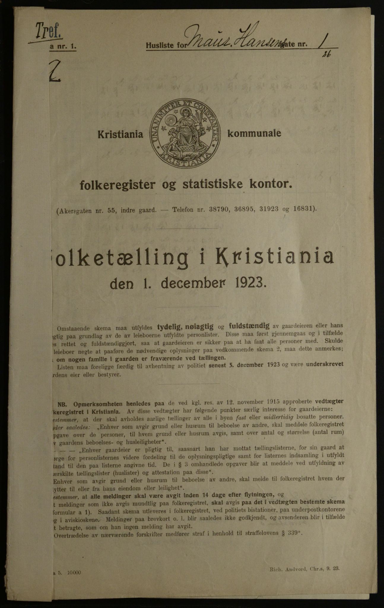 OBA, Municipal Census 1923 for Kristiania, 1923, p. 71785