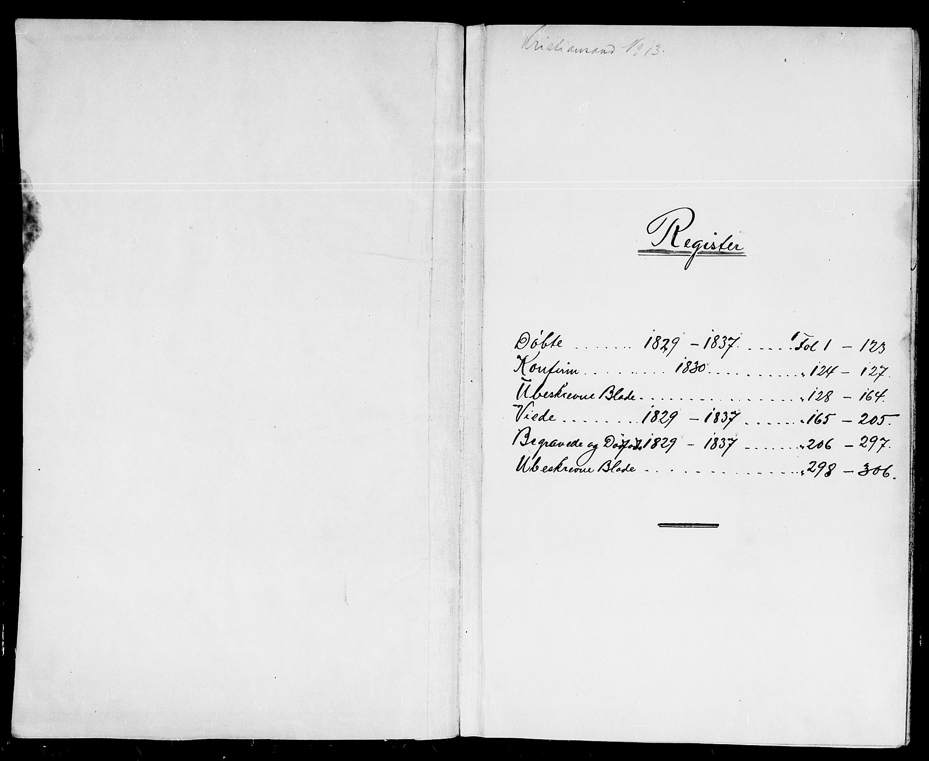 Kristiansand domprosti, AV/SAK-1112-0006/F/Fb/L0007: Parish register (copy) no. B 7, 1829-1837