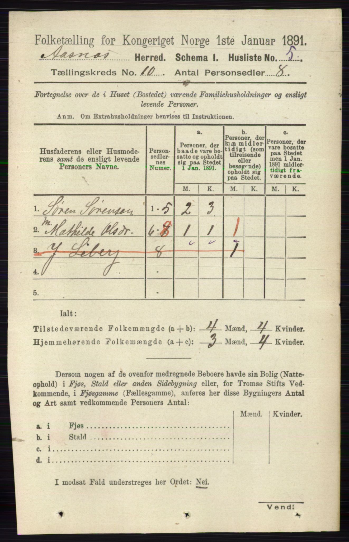 RA, 1891 census for 0425 Åsnes, 1891, p. 4993