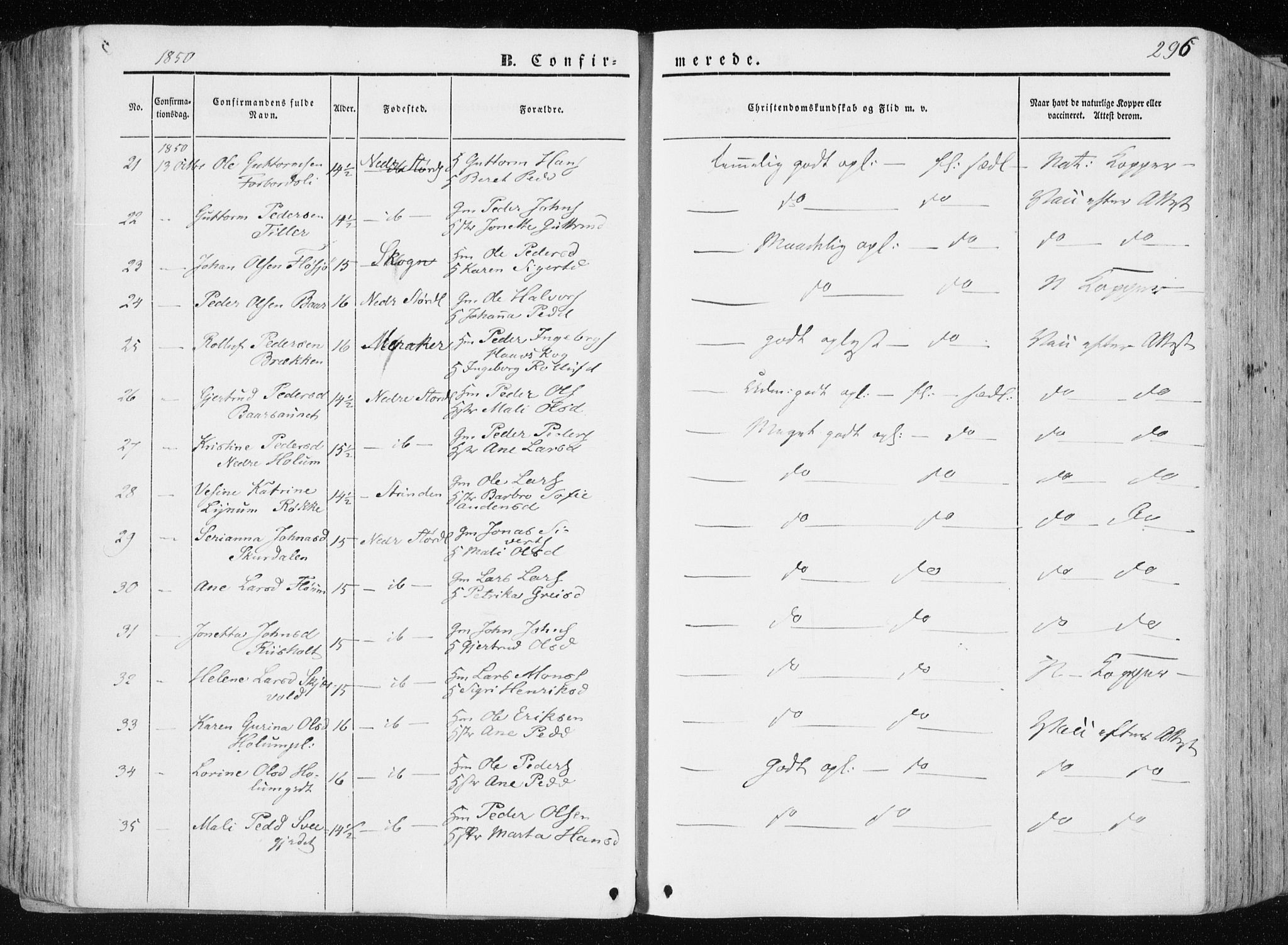 Ministerialprotokoller, klokkerbøker og fødselsregistre - Nord-Trøndelag, AV/SAT-A-1458/709/L0074: Parish register (official) no. 709A14, 1845-1858, p. 296