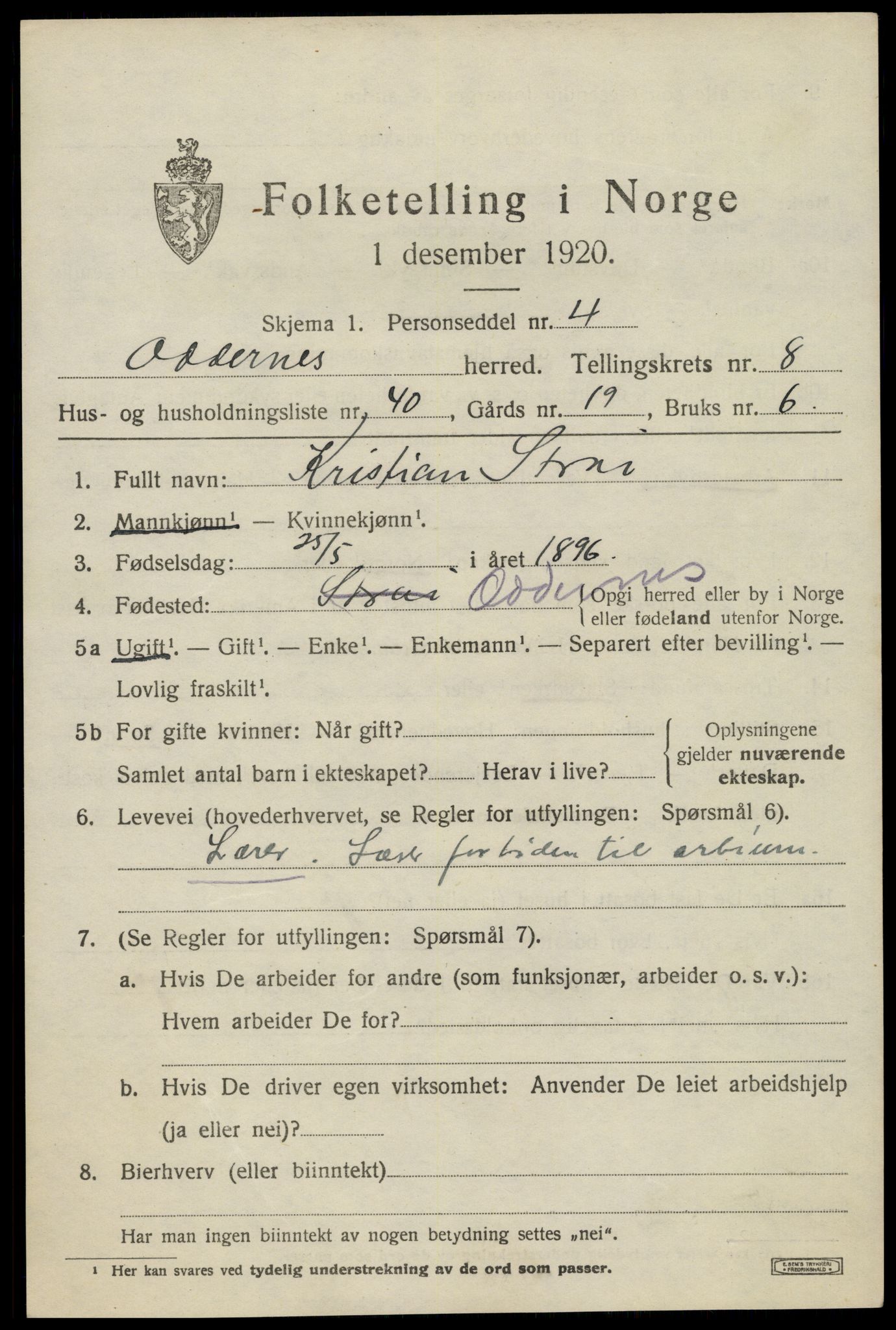 SAK, 1920 census for Oddernes, 1920, p. 6039