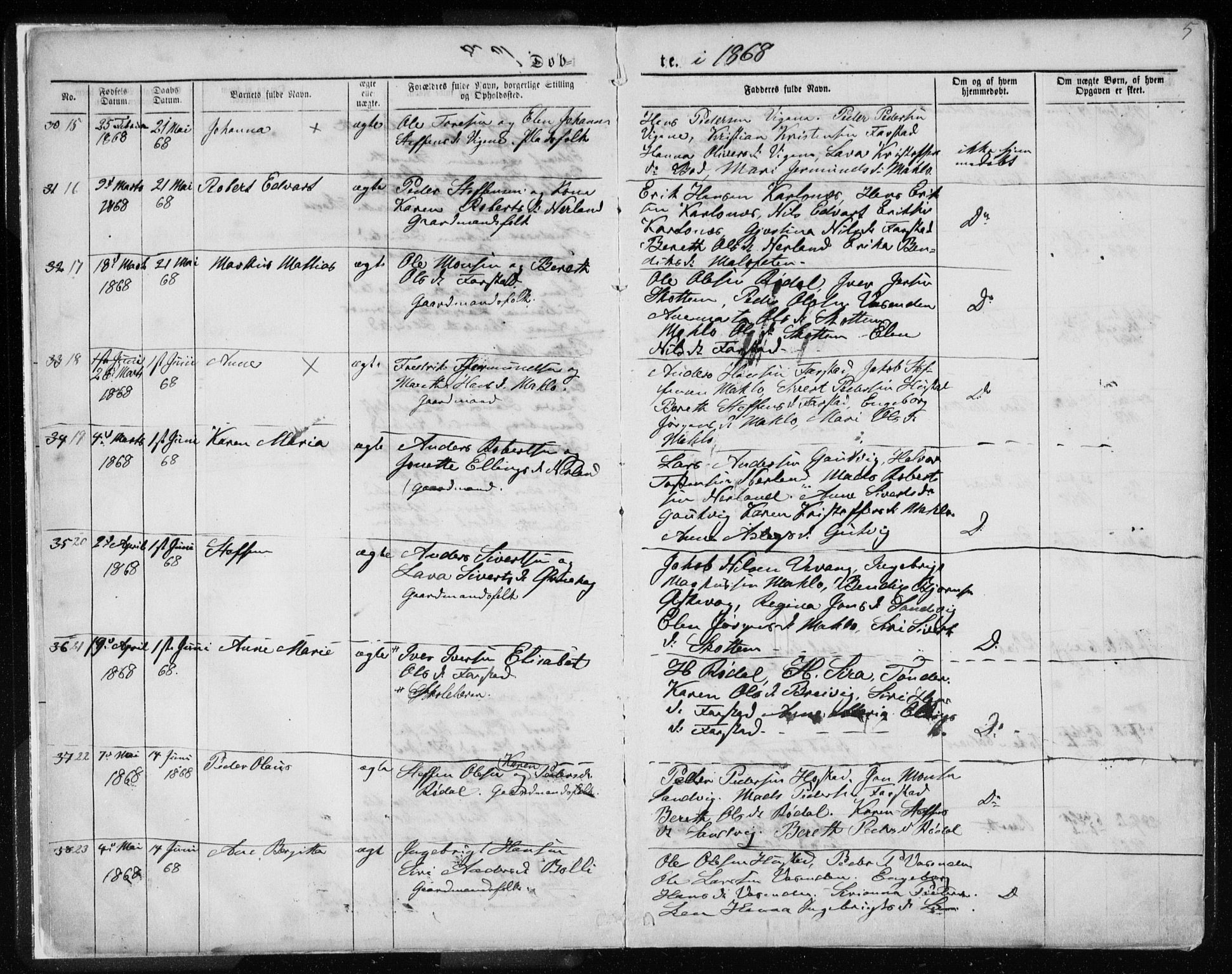 Ministerialprotokoller, klokkerbøker og fødselsregistre - Møre og Romsdal, AV/SAT-A-1454/567/L0782: Parish register (copy) no. 567C02, 1867-1886, p. 5