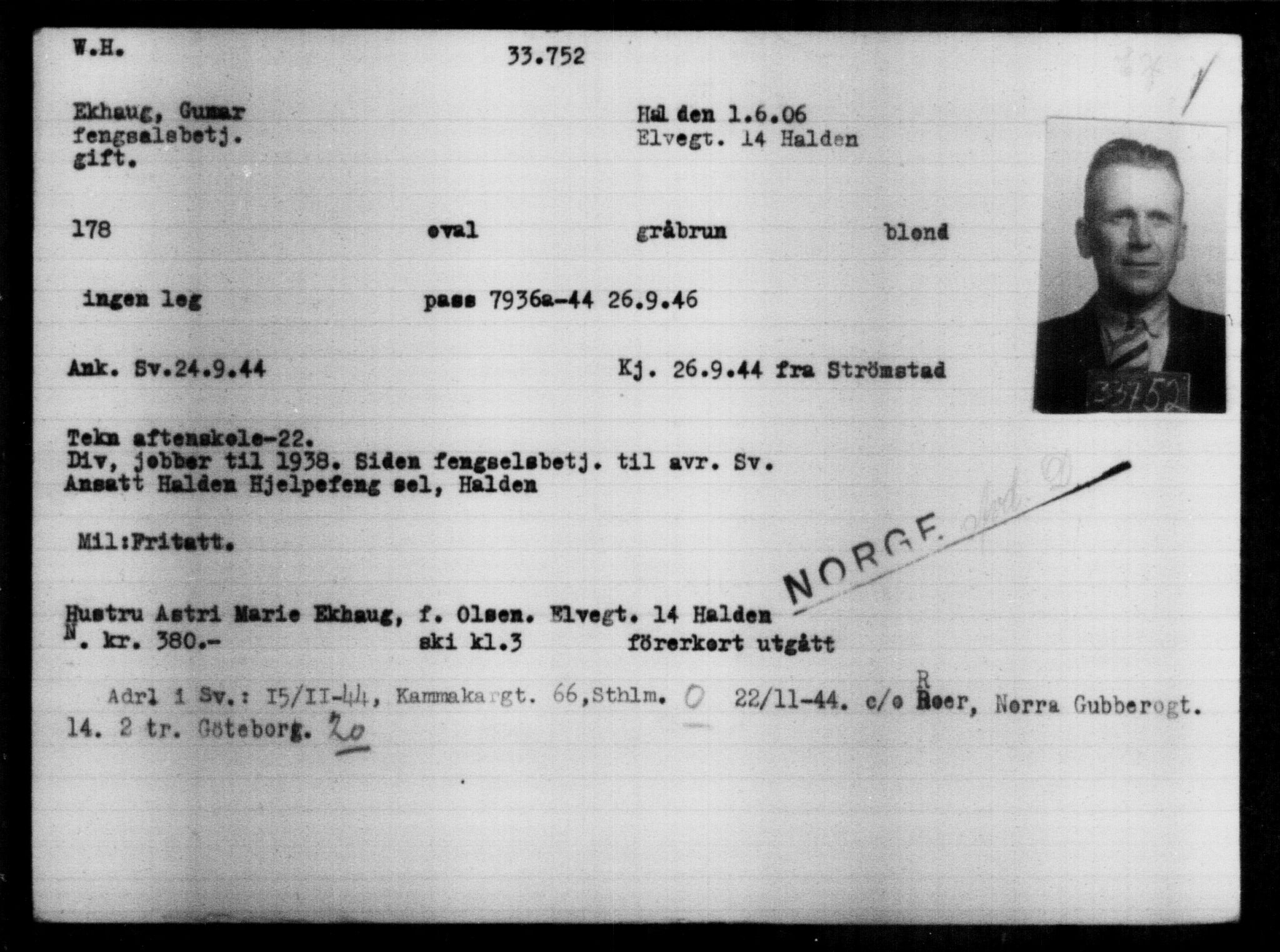 Utenriksstasjonene, Legasjonen i Stockholm, Flyktningkontoret, AV/RA-S-6753/V/Va/L0013: Kjesäterkartoteket, flyktninger med registreringsnr. 31500-34731, 1940-1945, p. 2377
