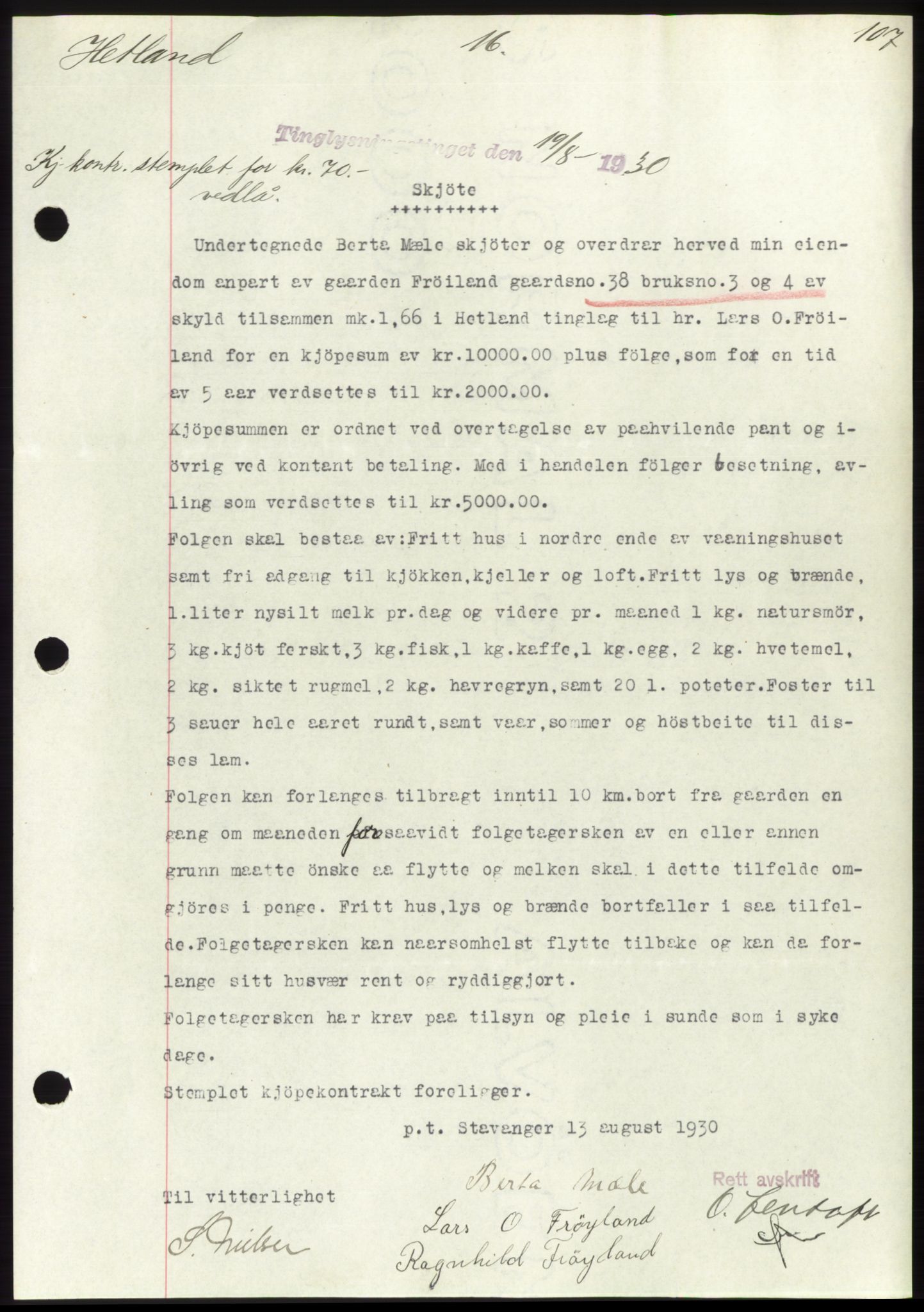 Jæren sorenskriveri, AV/SAST-A-100310/03/G/Gba/L0058: Mortgage book no. 53, 55, 1930-1931, Deed date: 19.08.1930