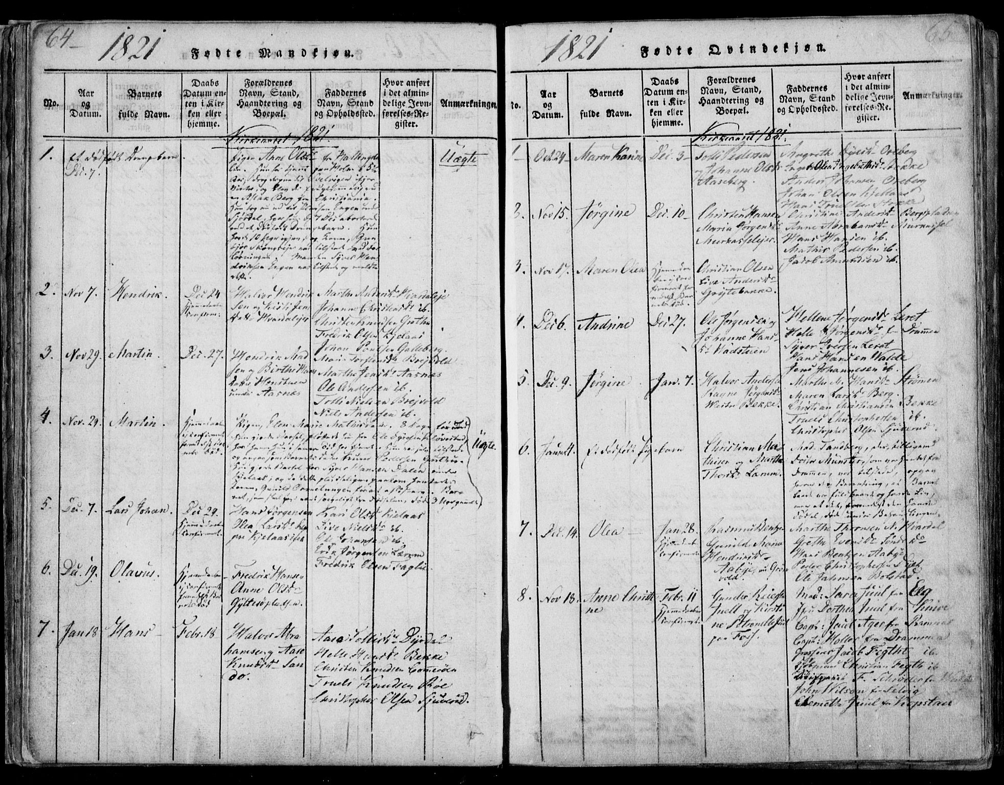 Sande Kirkebøker, SAKO/A-53/F/Fa/L0003: Parish register (official) no. 3, 1814-1847, p. 64-65