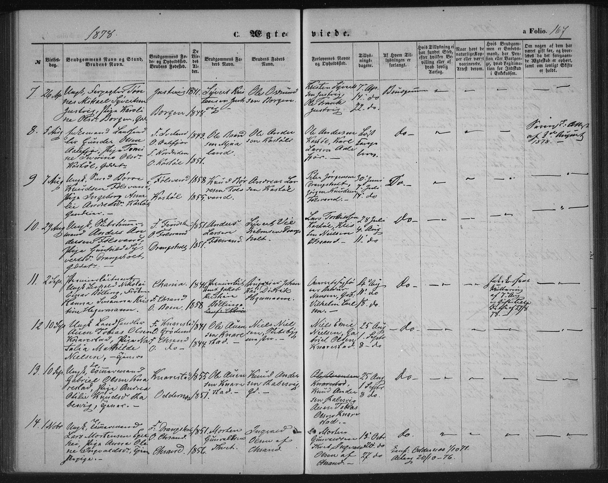 Tveit sokneprestkontor, AV/SAK-1111-0043/F/Fa/L0006: Parish register (official) no. A 6, 1872-1886, p. 167