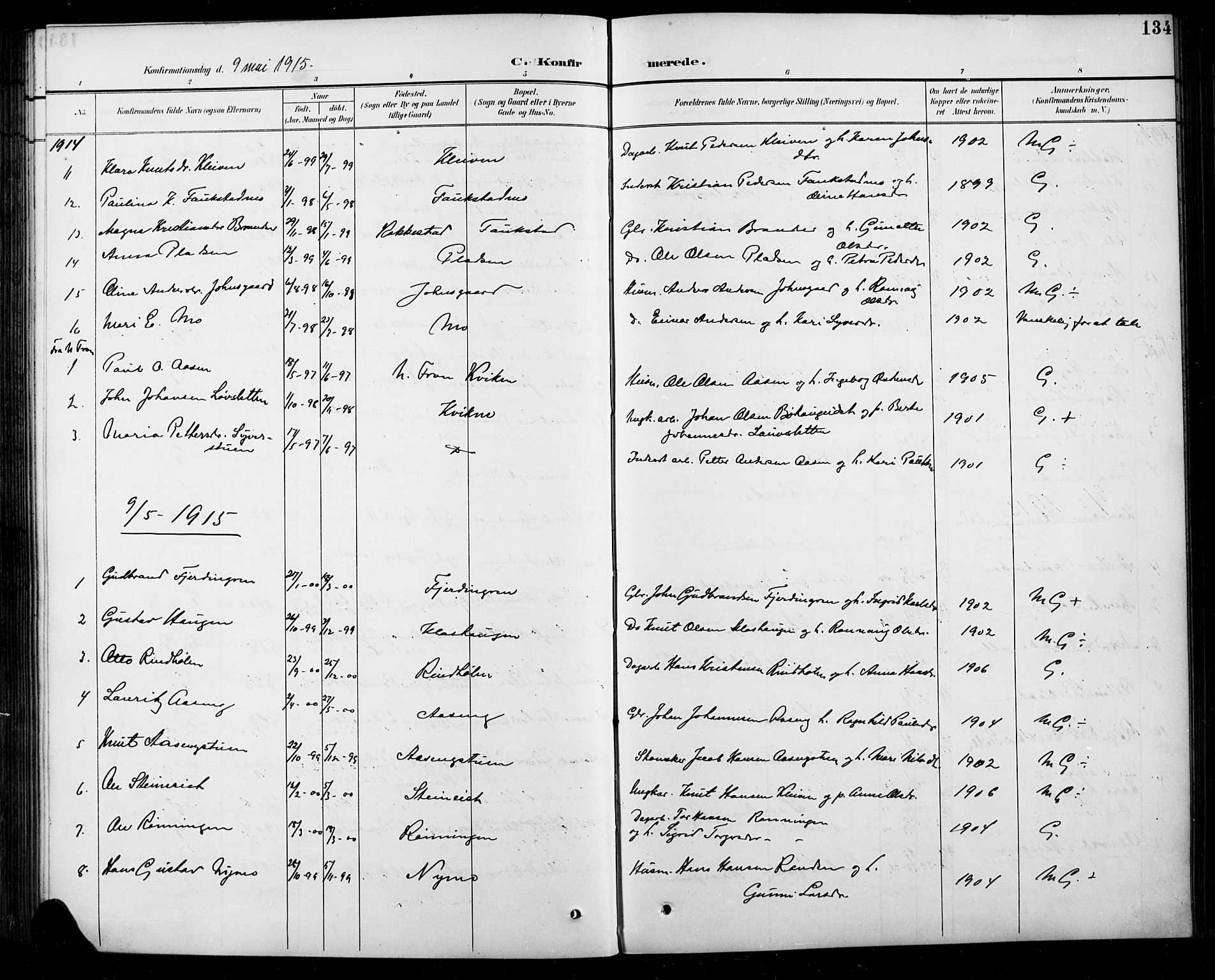 Sel prestekontor, SAH/PREST-074/H/Ha/Hab/L0005: Parish register (copy) no. 5, 1894-1923, p. 134