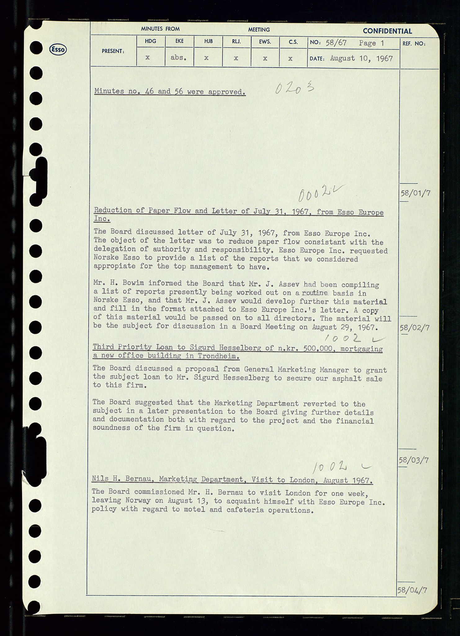 Pa 0982 - Esso Norge A/S, AV/SAST-A-100448/A/Aa/L0002/0003: Den administrerende direksjon Board minutes (styrereferater) / Den administrerende direksjon Board minutes (styrereferater), 1967, p. 122