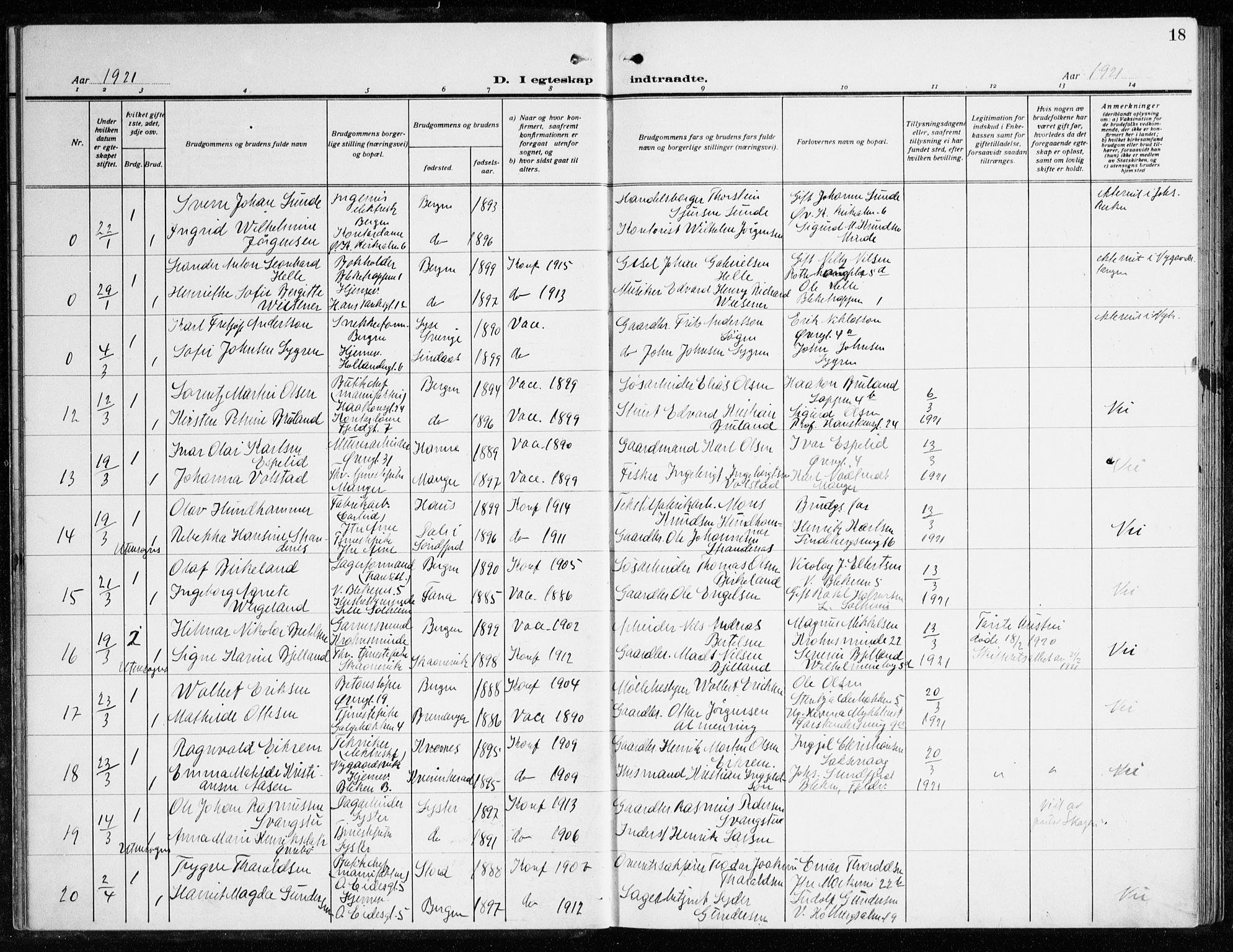 Korskirken sokneprestembete, AV/SAB-A-76101/H/Haa/L0039: Parish register (official) no. D 6, 1919-1938, p. 18