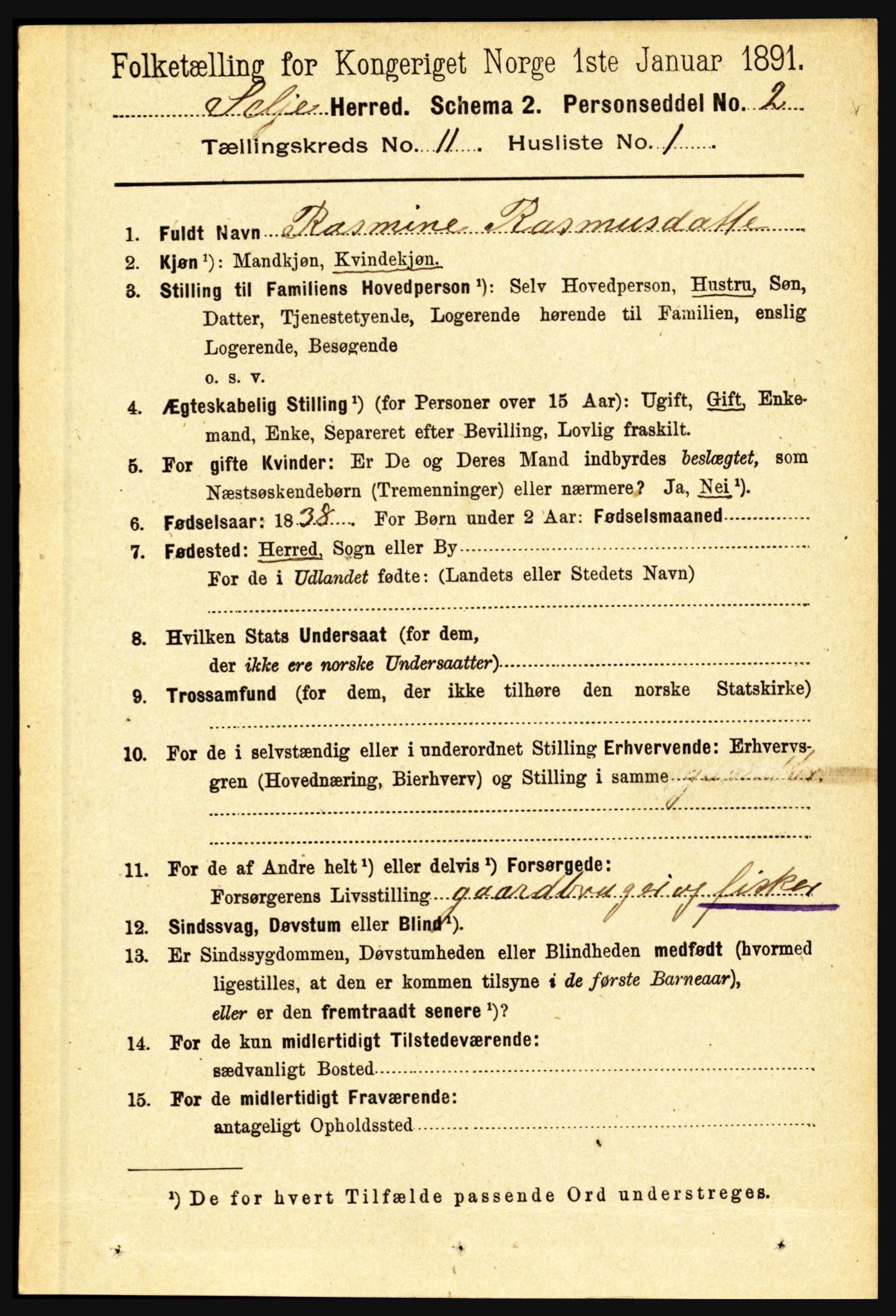 RA, 1891 census for 1441 Selje, 1891, p. 3416