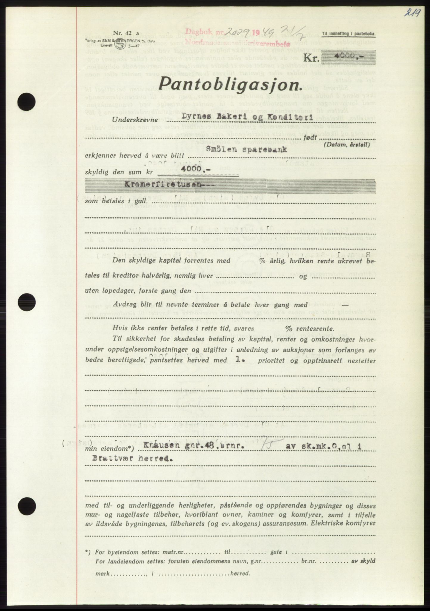 Nordmøre sorenskriveri, AV/SAT-A-4132/1/2/2Ca: Mortgage book no. B102, 1949-1949, Diary no: : 2029/1949