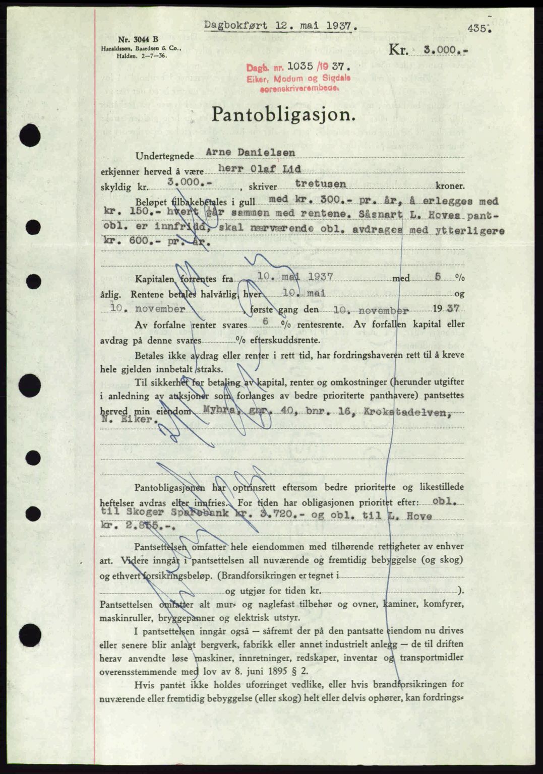 Eiker, Modum og Sigdal sorenskriveri, SAKO/A-123/G/Ga/Gab/L0035: Mortgage book no. A5, 1937-1937, Diary no: : 1035/1937