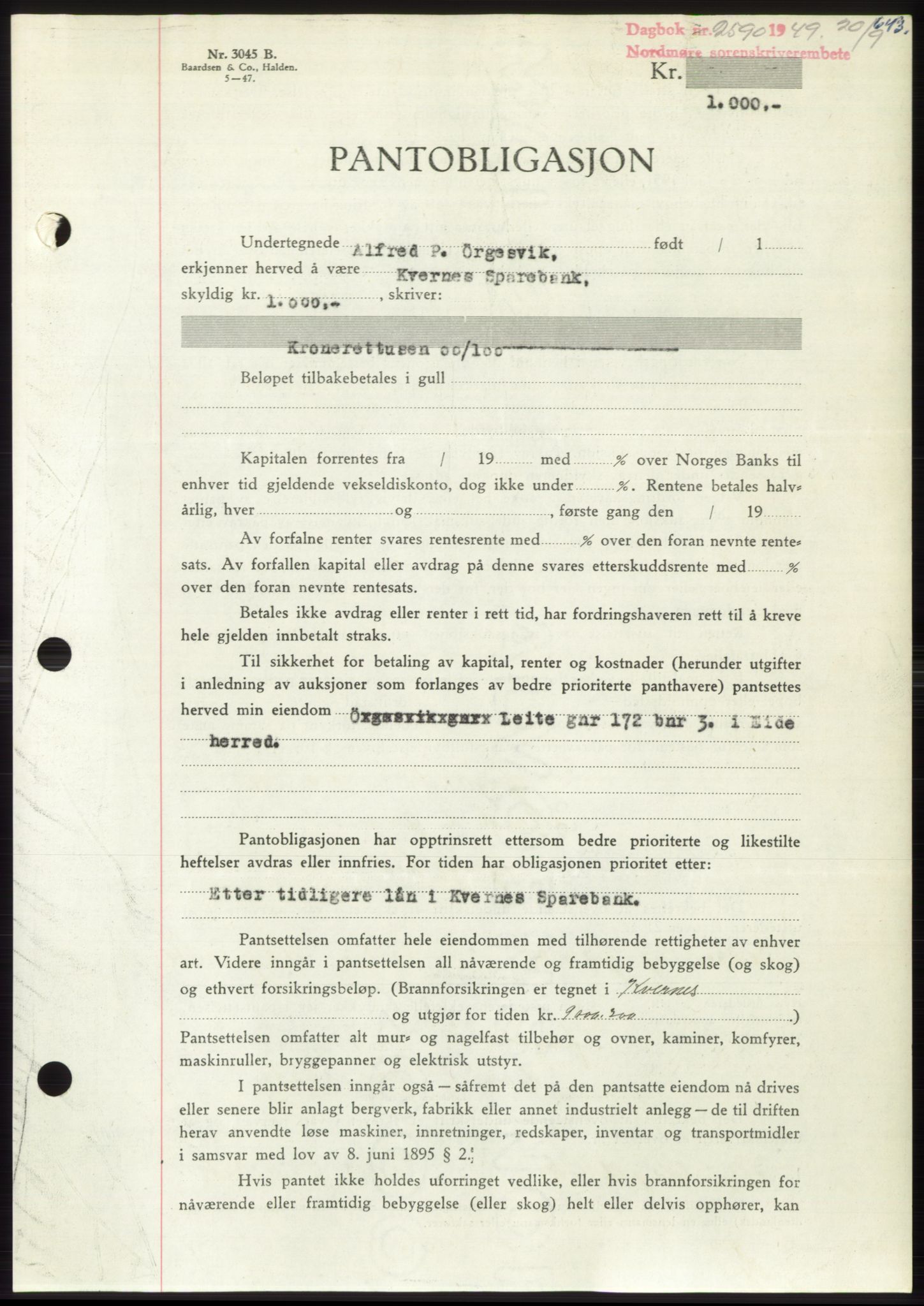 Nordmøre sorenskriveri, AV/SAT-A-4132/1/2/2Ca: Mortgage book no. B102, 1949-1949, Diary no: : 2590/1949