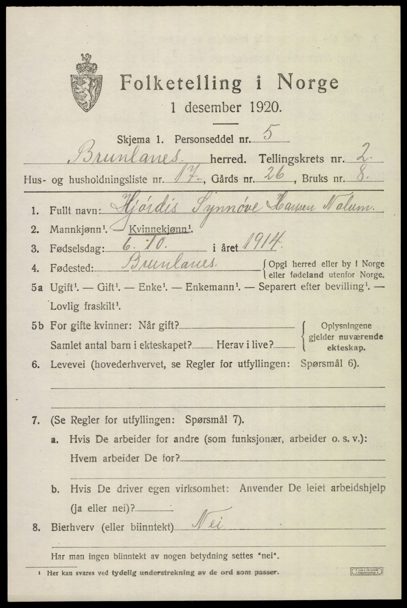 SAKO, 1920 census for Brunlanes, 1920, p. 3545