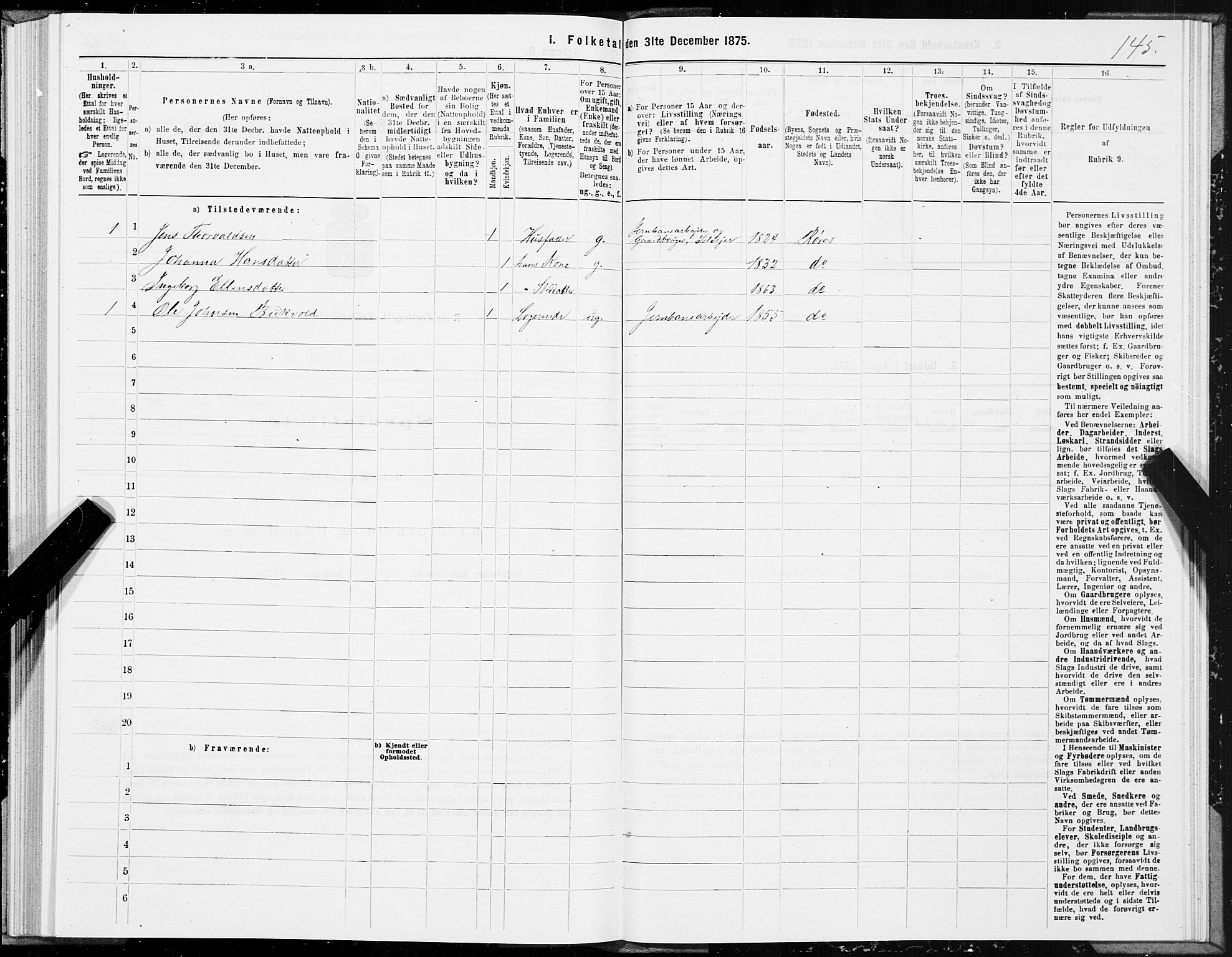 SAT, 1875 census for 1640P Røros, 1875, p. 3145