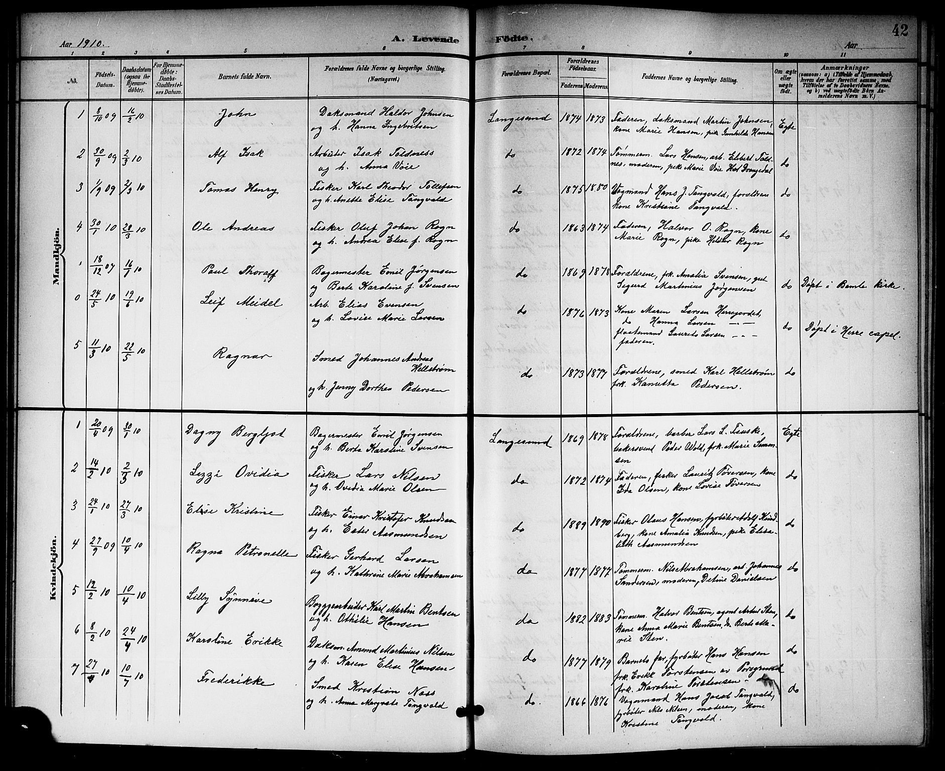 Langesund kirkebøker, SAKO/A-280/G/Ga/L0006: Parish register (copy) no. 6, 1899-1918, p. 42