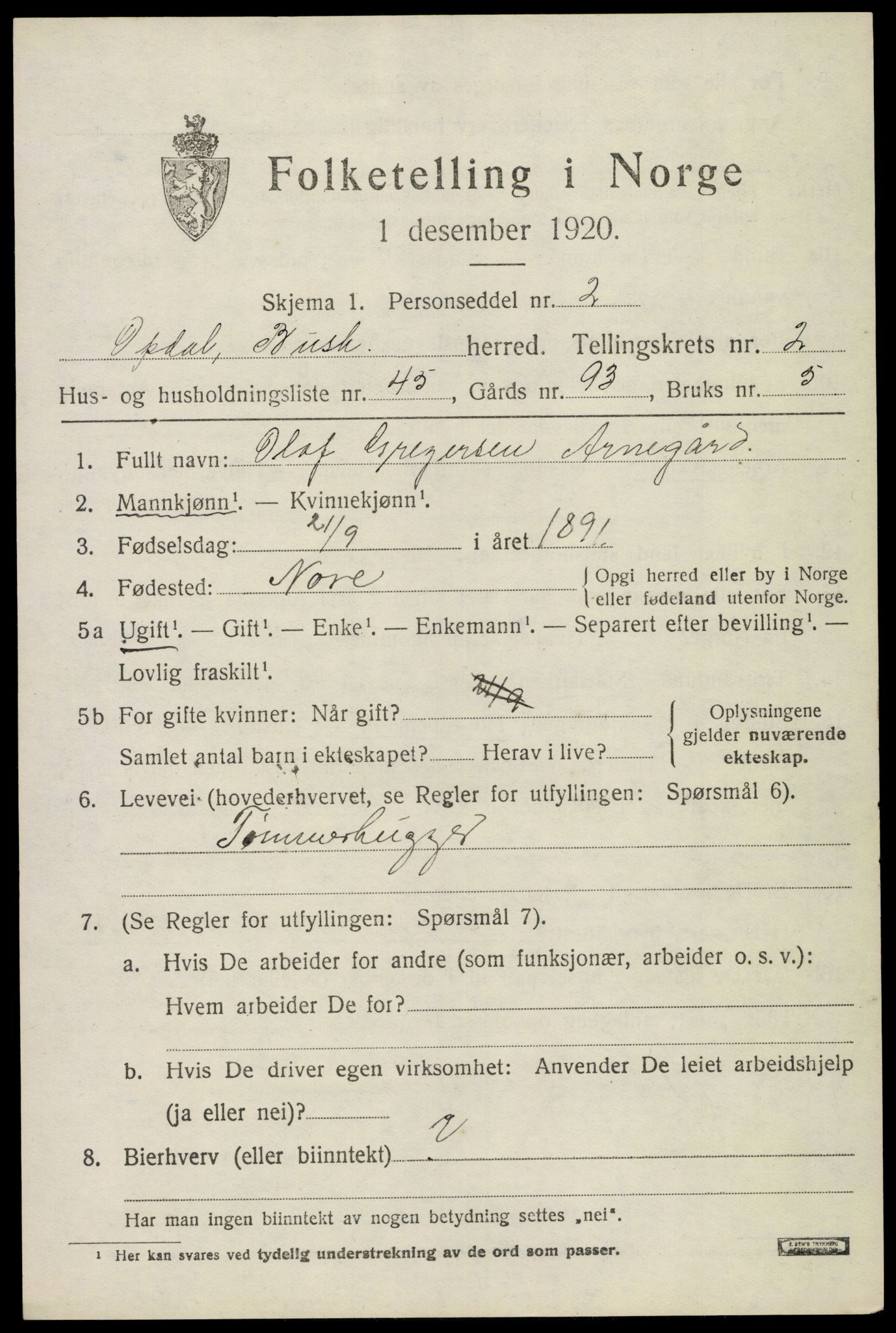 SAKO, 1920 census for Uvdal, 1920, p. 1289